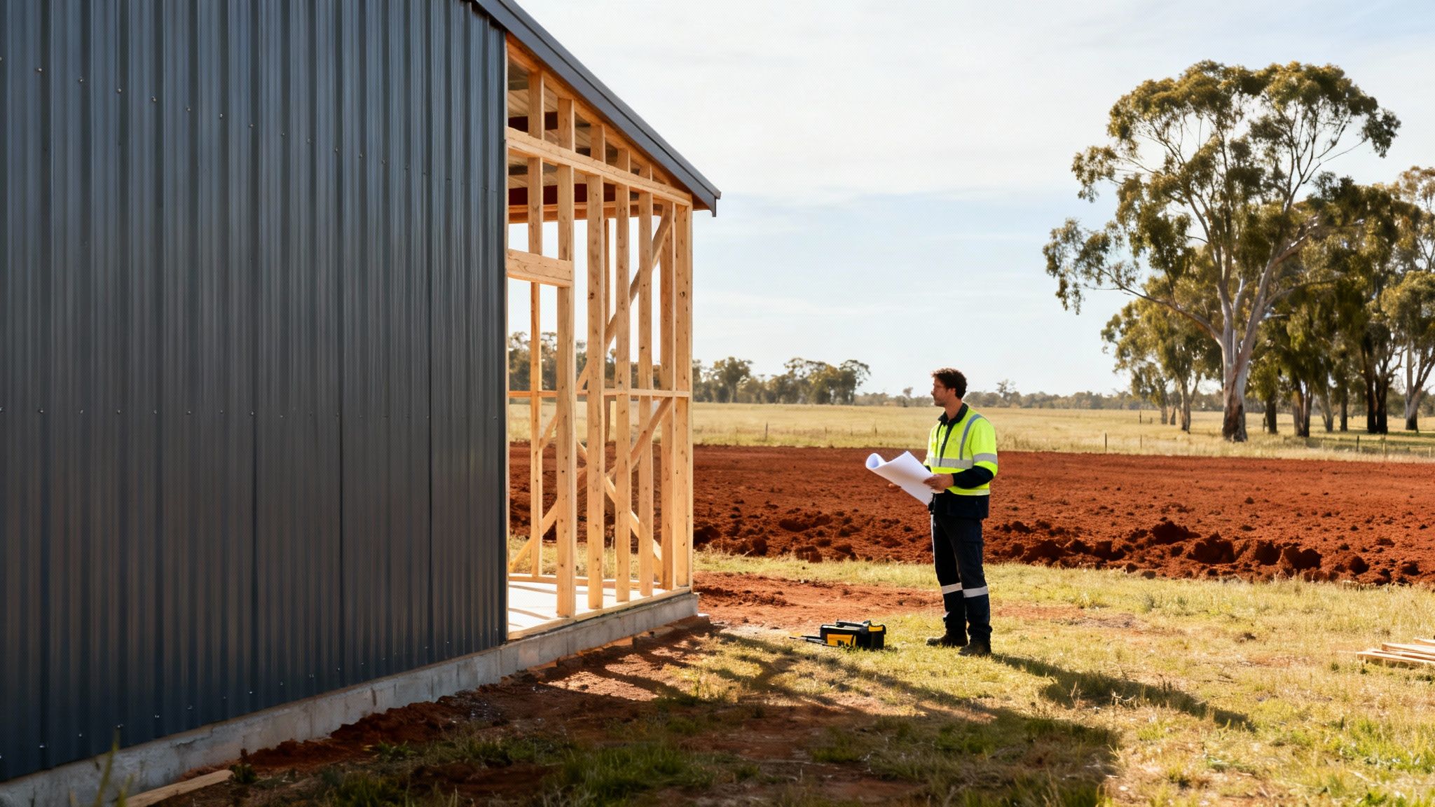 A construction worker in a hi-vis vest holds blueprints next to a partially built rural shed.