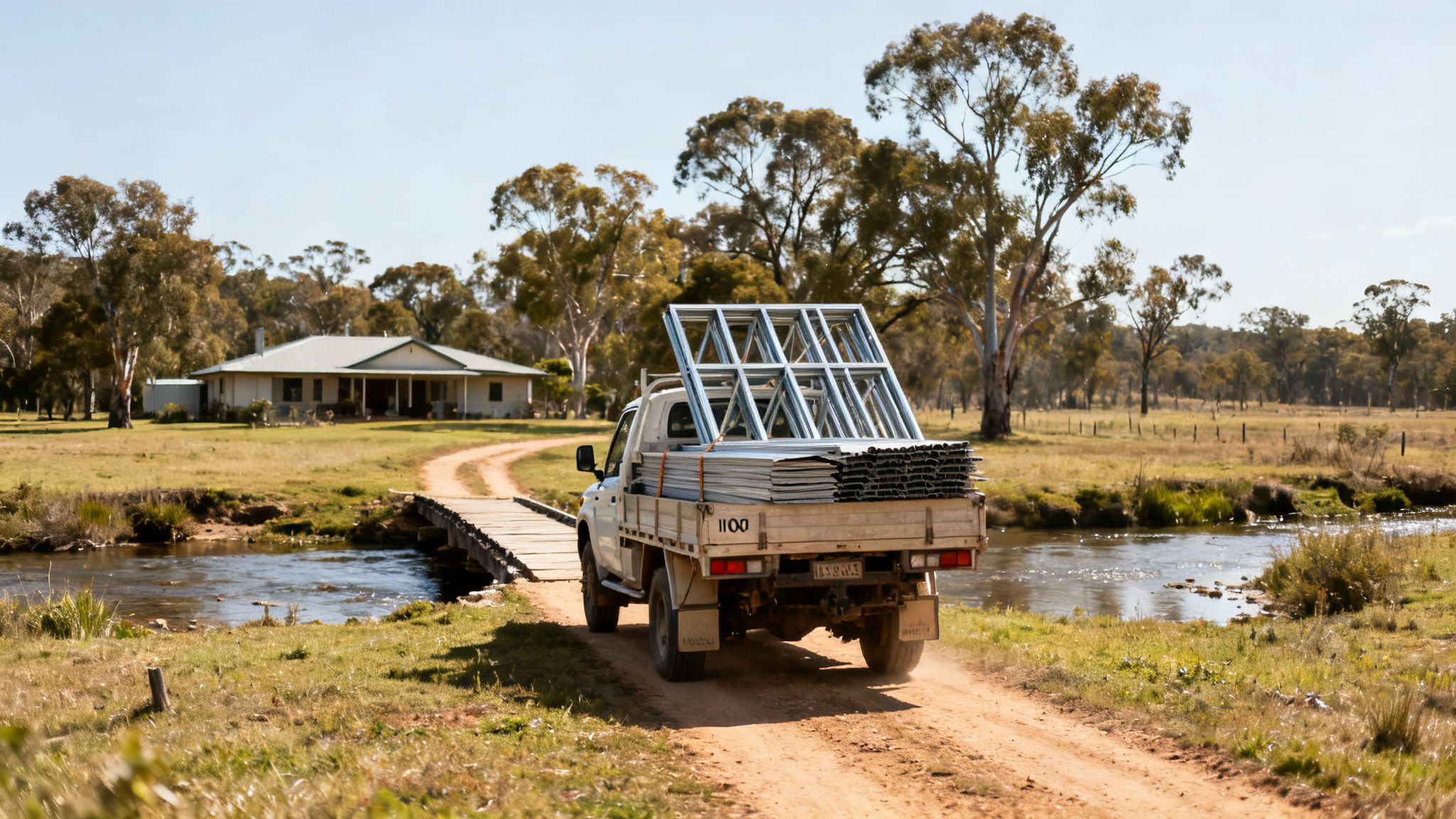 A white pickup truck carrying construction materials drives across a wooden bridge on a dirt road in a rural setting.