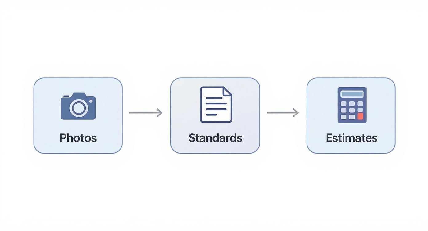Flowchart illustrating a three-step process from photos to standards and then to estimates.