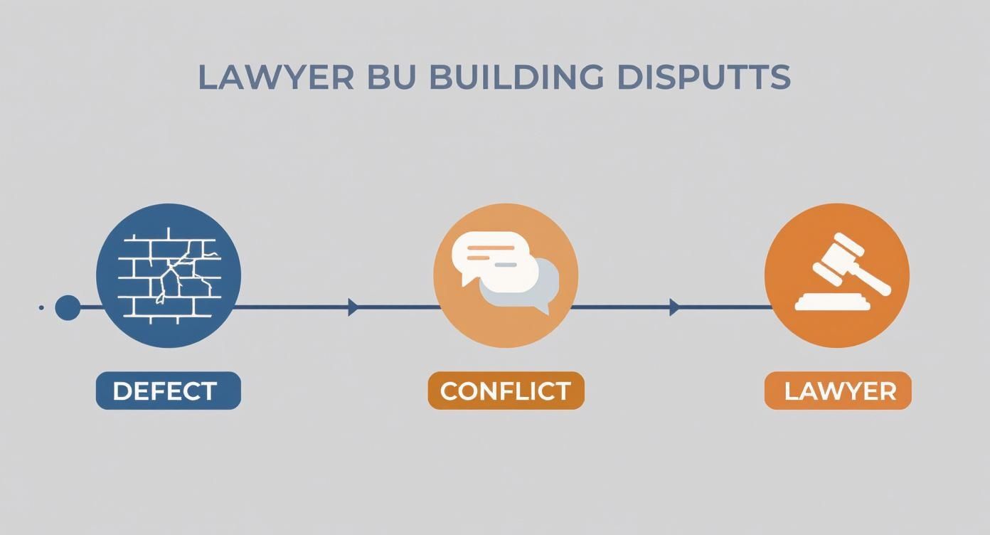 A flowchart illustrates the legal process for building disputes: from initial defect to conflict, then involving a lawyer.