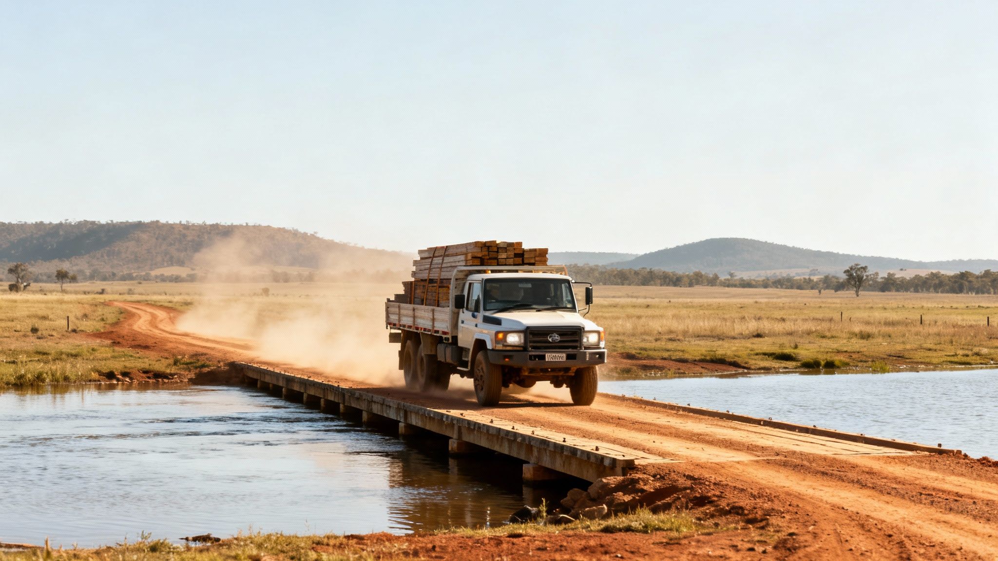 A heavy-duty white work truck loaded with timber crosses a dusty rural bridge.