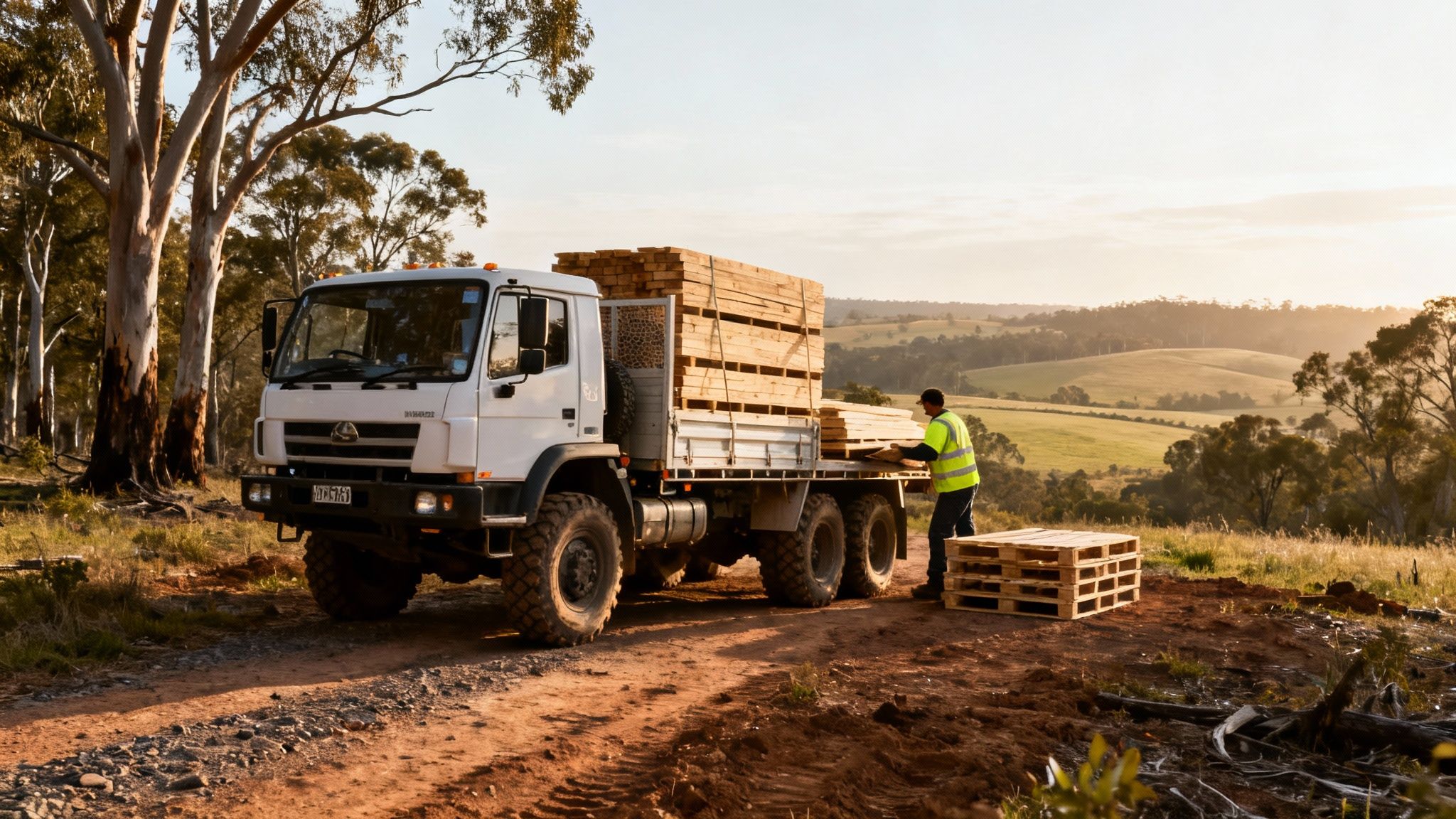 A man loads wooden planks onto a white flatbed truck in a sunny rural landscape.
