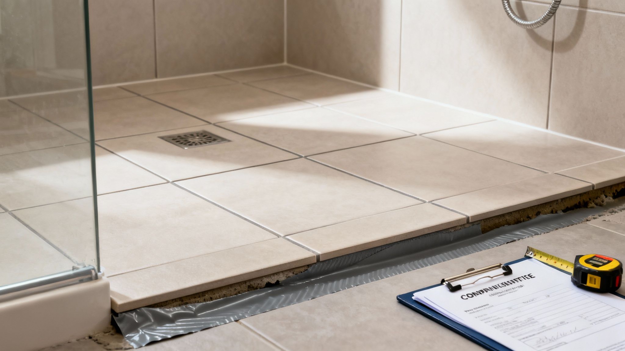 Installation of beige tiles in a shower, revealing a gray waterproofing membrane and tools.