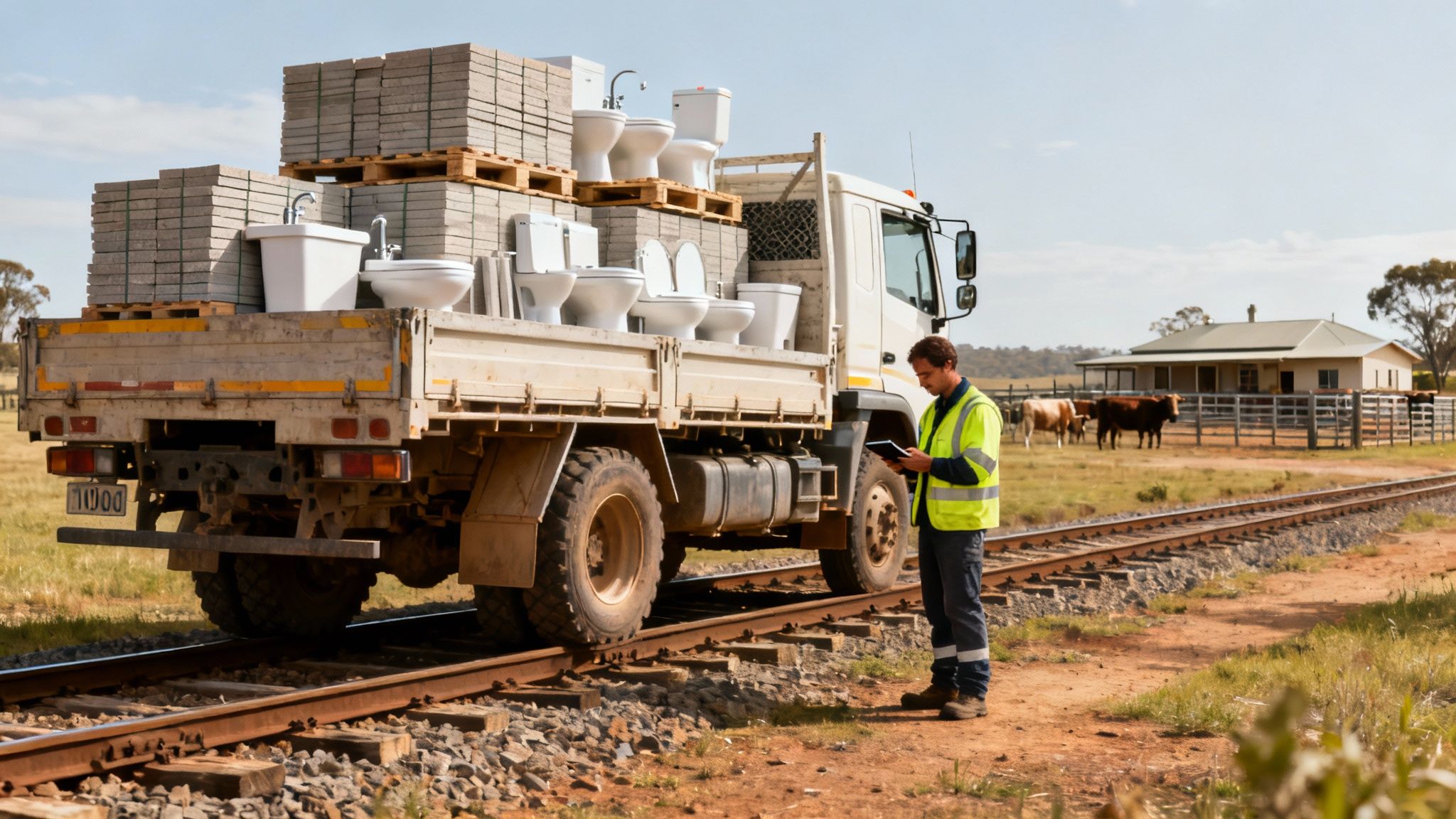A heavy-duty 4x4 truck navigating a dusty, remote track in the Australian outback.