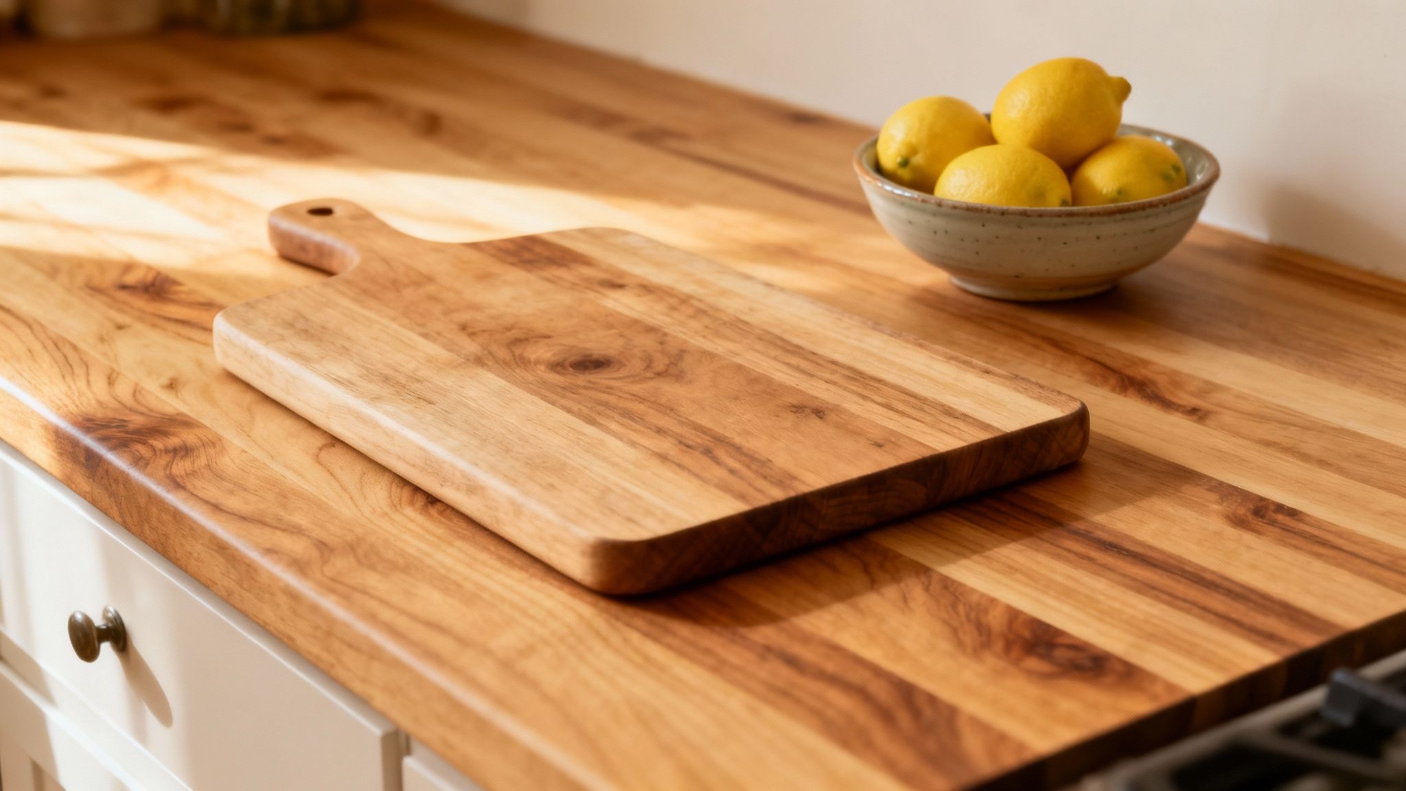 Wooden cutting board on natural wood butcher block countertop with fresh lemons in ceramic bowl