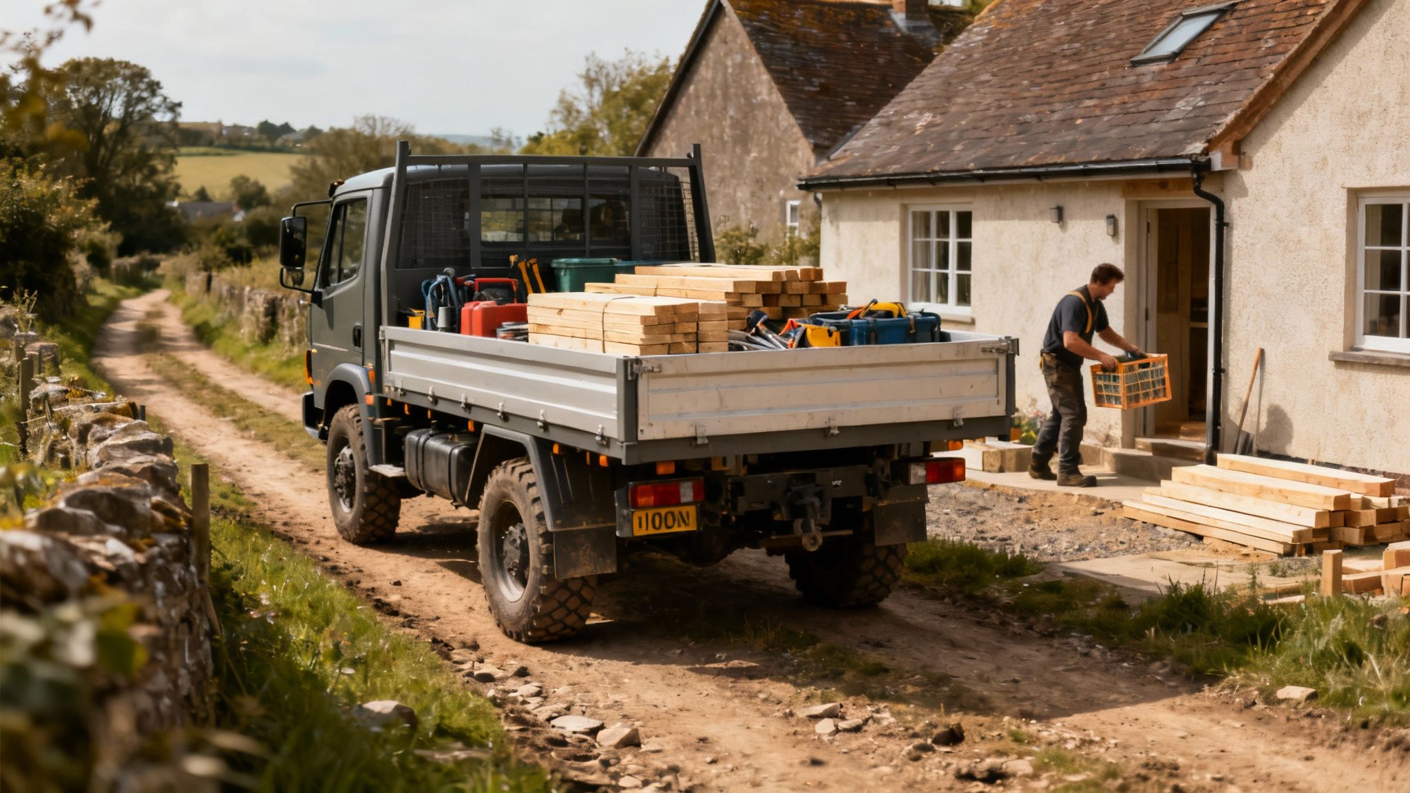 A flatbed truck on a dirt road outside a house, loaded with construction materials, while a man carries a crate.