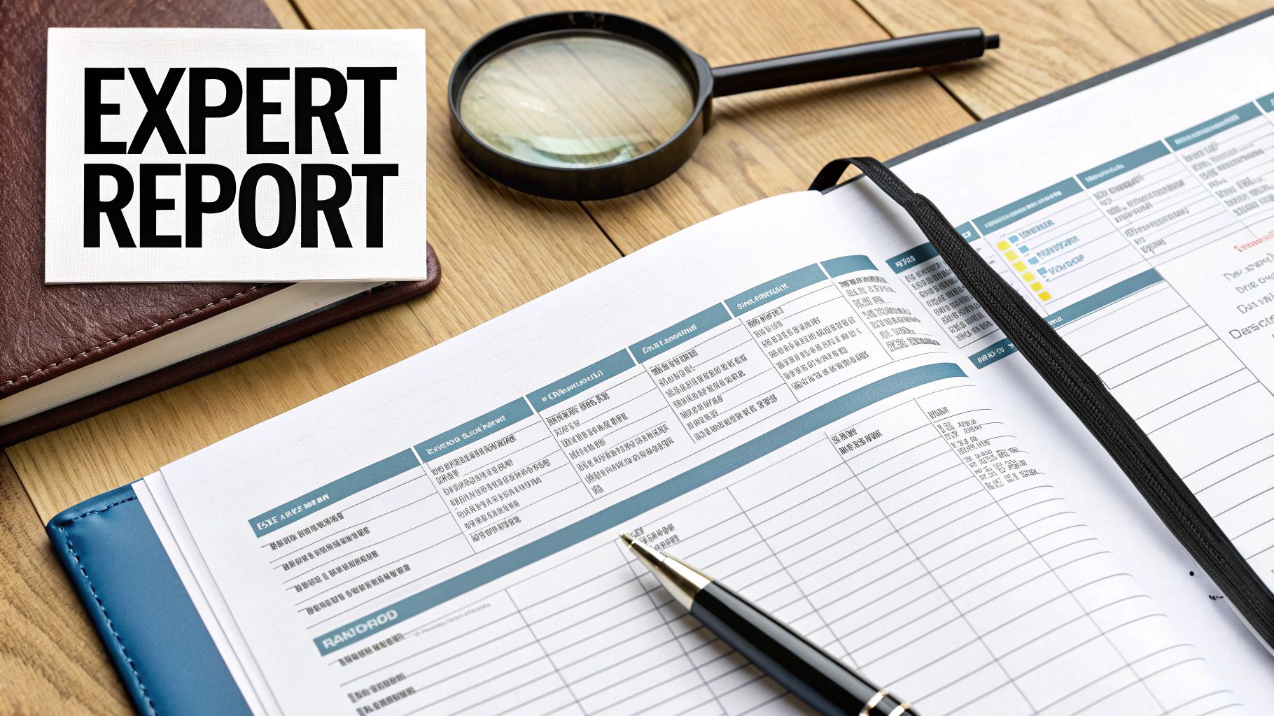 Expert report card on a wooden desk with a magnifying glass and analysis documents.