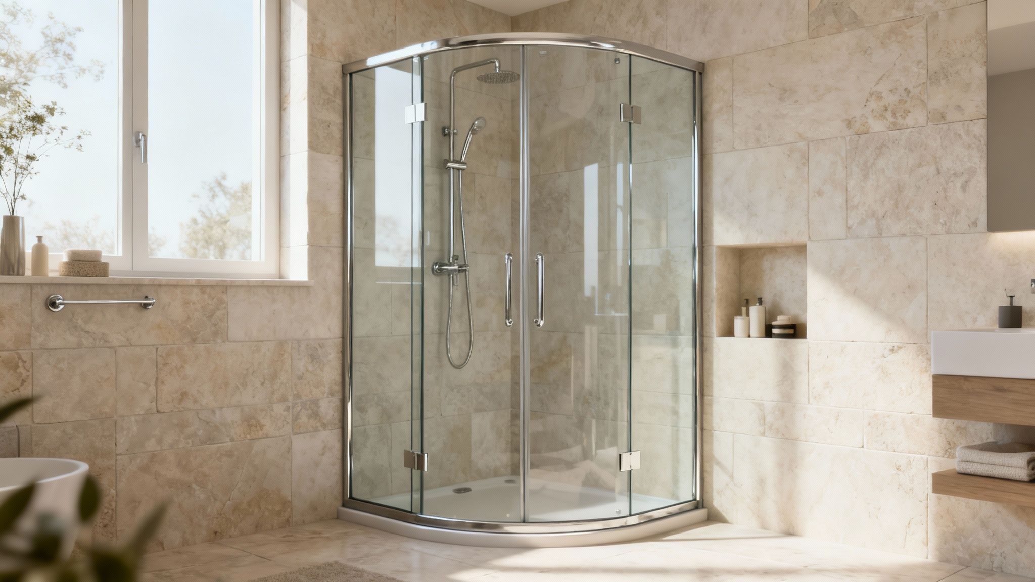 A bright, modern bathroom with light beige tiled walls, a corner glass shower, and a window.