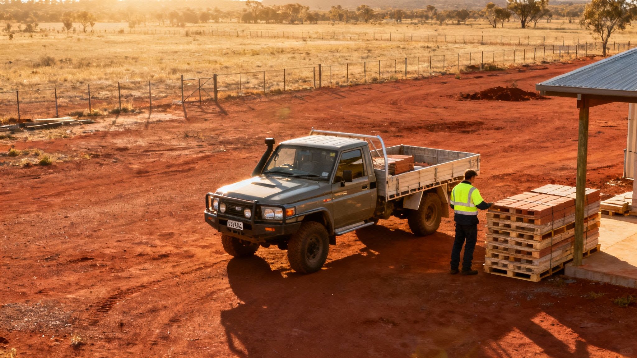 A worker in a high-vis vest stands next to stacked pavers at a dusty construction site with a pickup truck nearby.