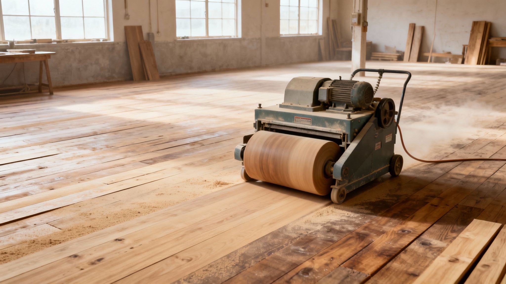 A large sanding machine actively working on a wooden floor in a spacious workshop, producing sawdust.