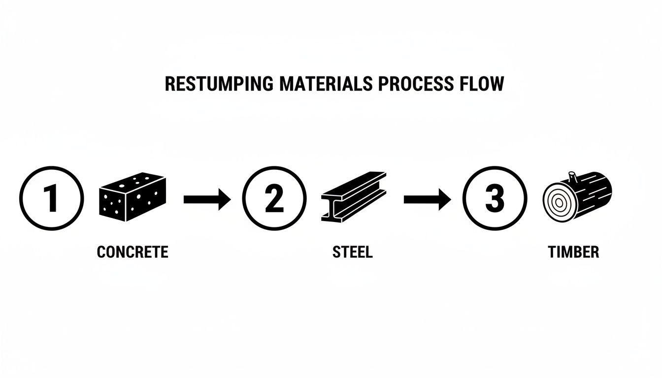 A process flow diagram illustrating restumping materials, showing concrete, steel, and timber in sequence.