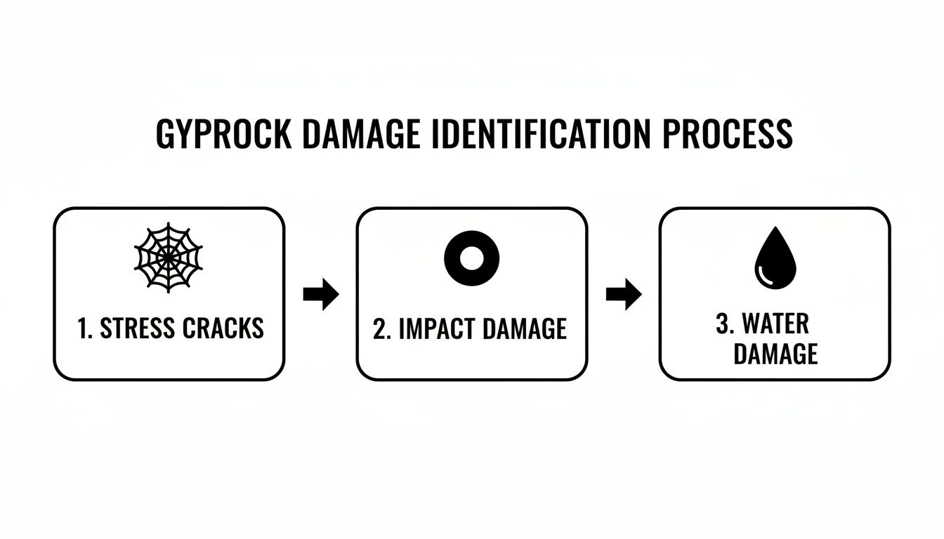 A flowchart illustrates the gyprock damage identification process, detailing stress cracks, impact damage, and water damage.