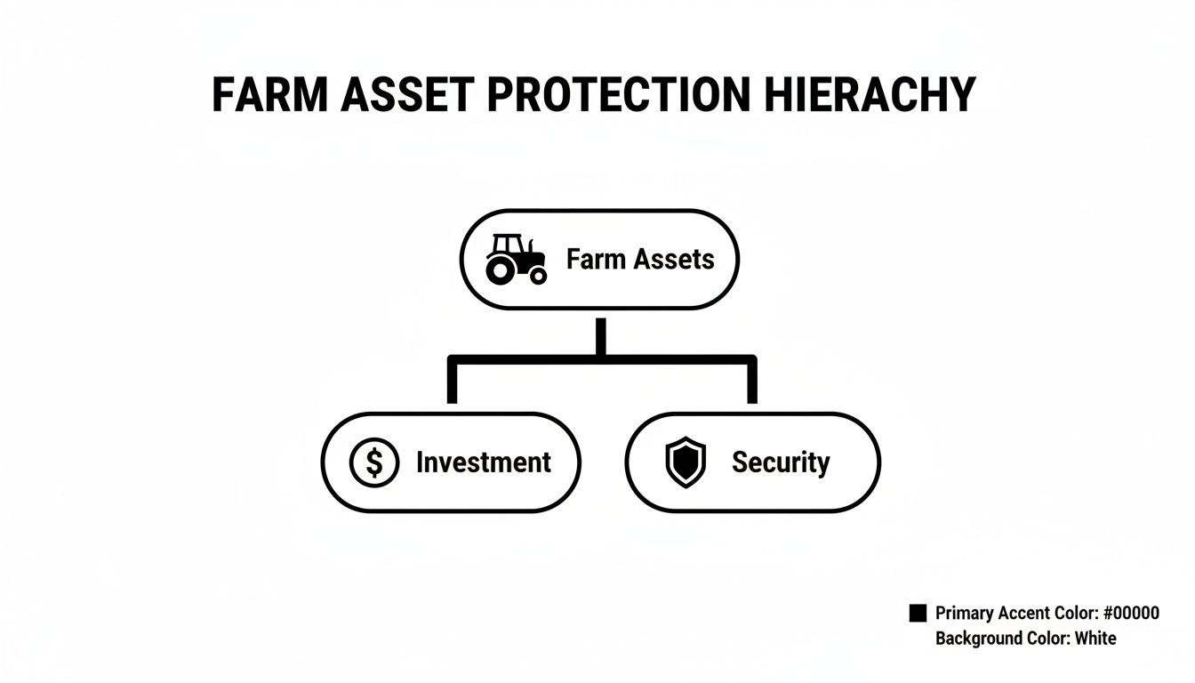 A hierarchy diagram titled 'Farm Asset Protection Hierarchy' showing farm assets, investment, and security.
