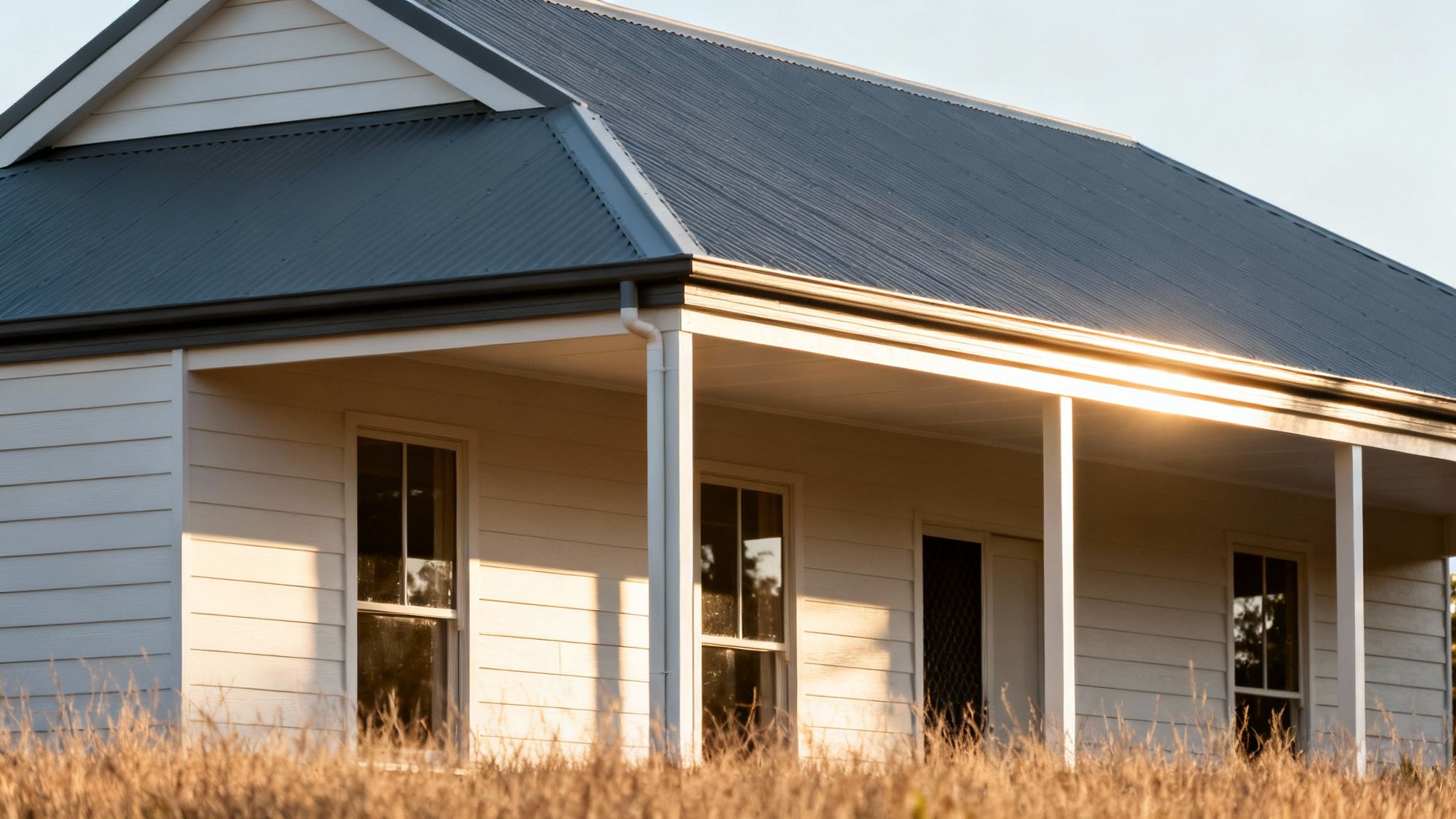 A modern house with white siding and a dark grey roof, featuring a covered porch with pillars, surrounded by golden dry grass.
