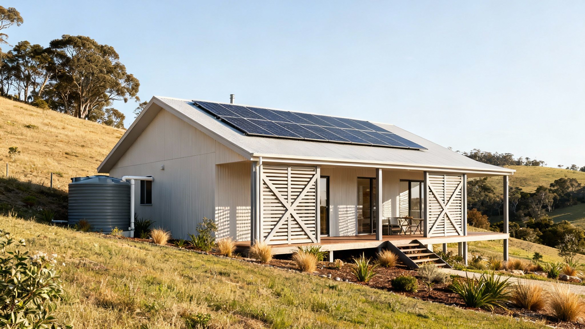 A modern, white rural house with solar panels and a water tank on a grassy hill.