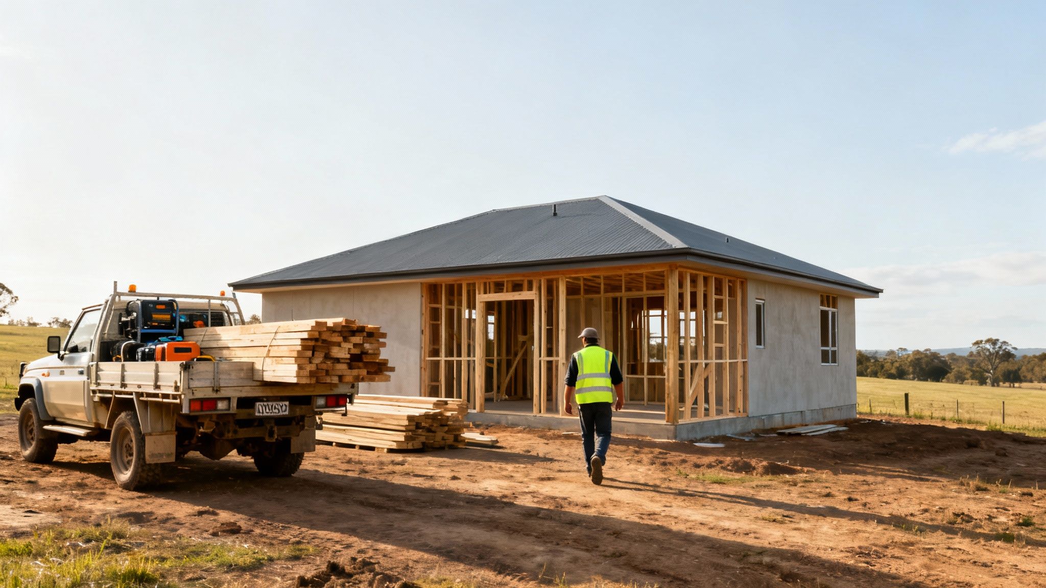 A newly constructed home in a rural NSW setting, showcasing the surrounding landscape.