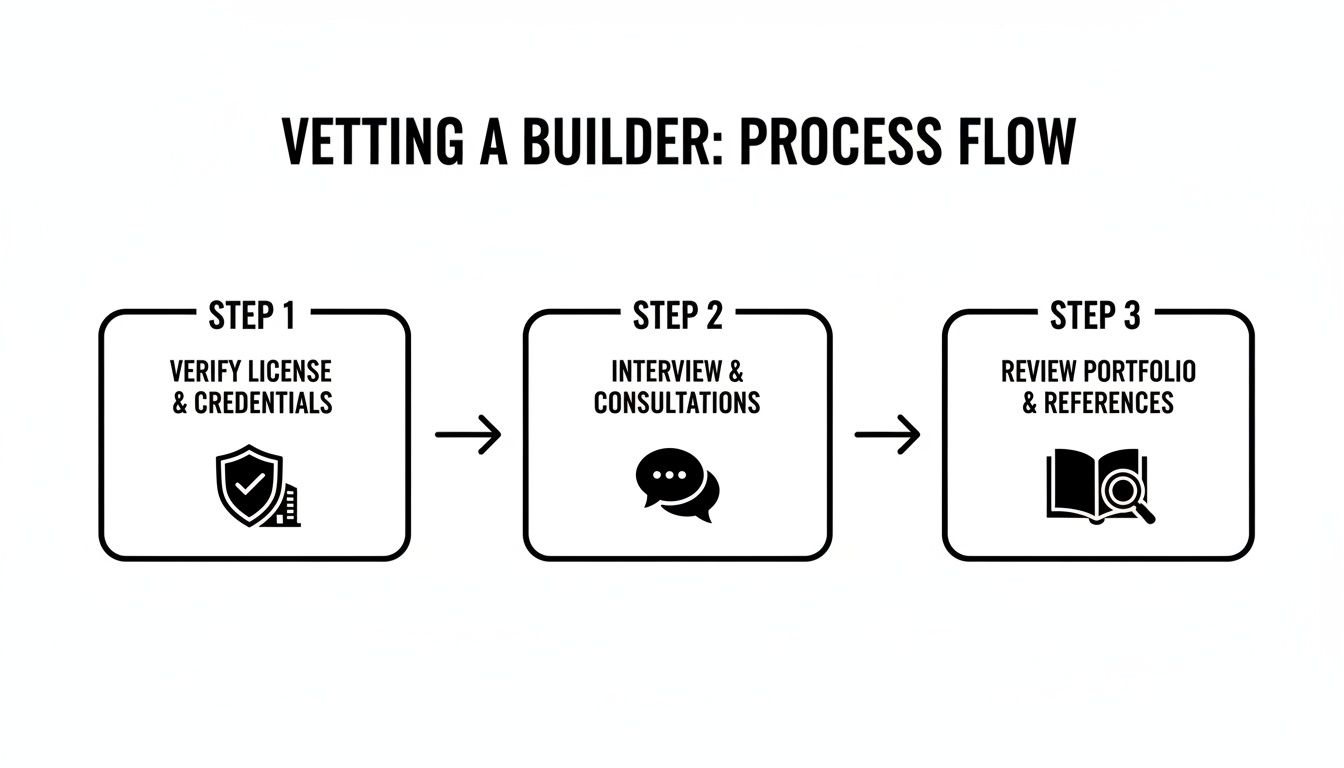 A three-step process flow diagram detailing how to vet a builder, including license verification, interviews, and portfolio review.