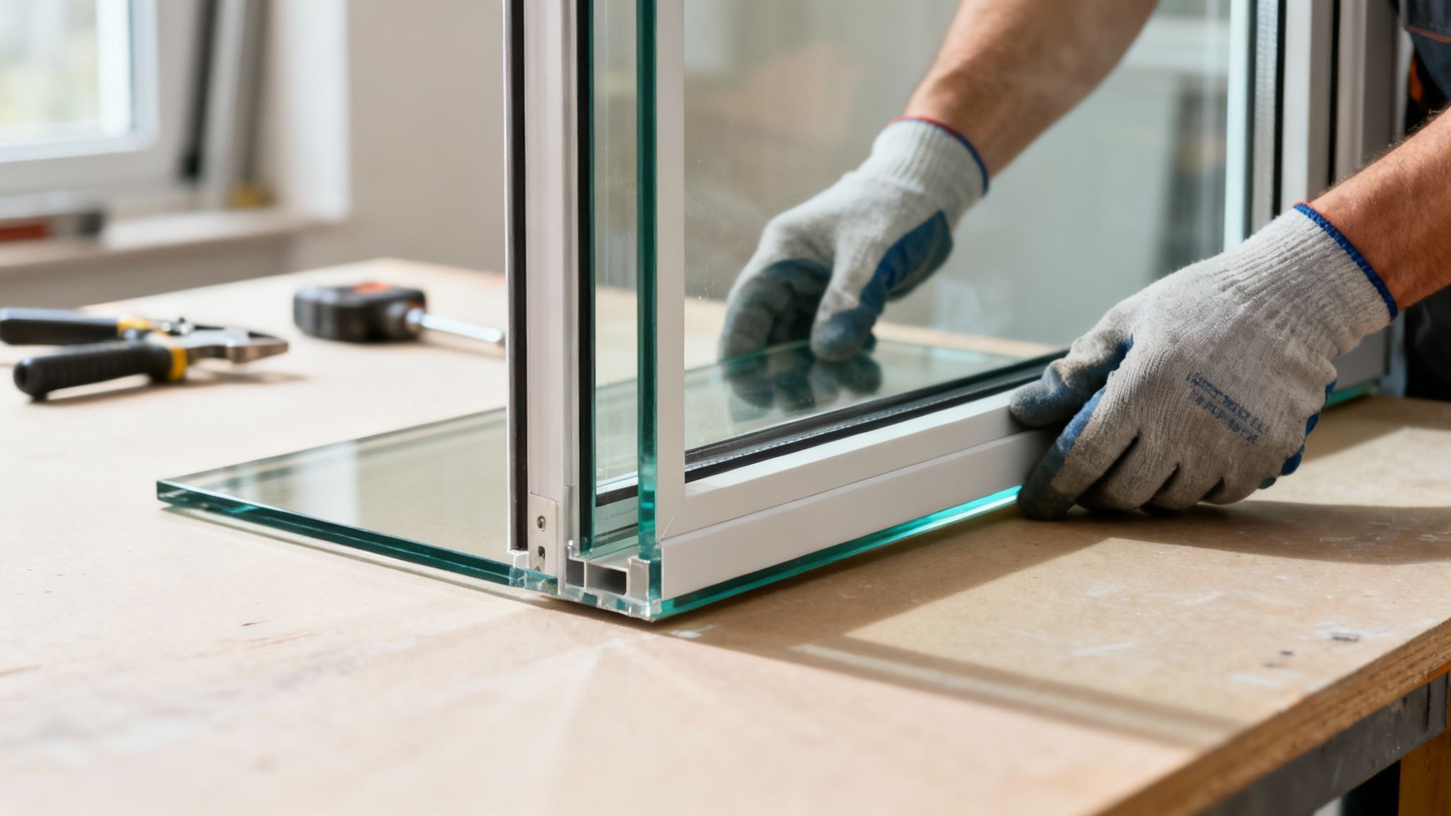 Close-up of a worker in gloves assembling a double glazing window on a wooden workbench.