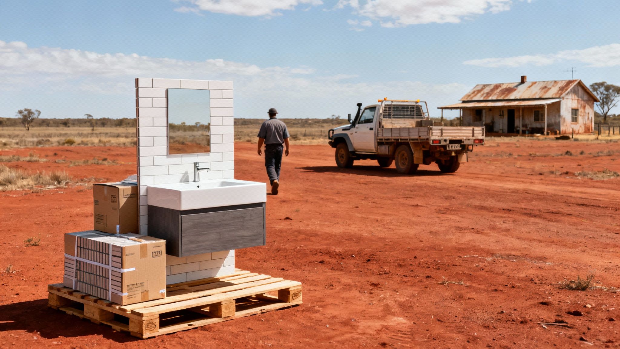 Modern bathroom with a large window overlooking a rural Australian landscape.
