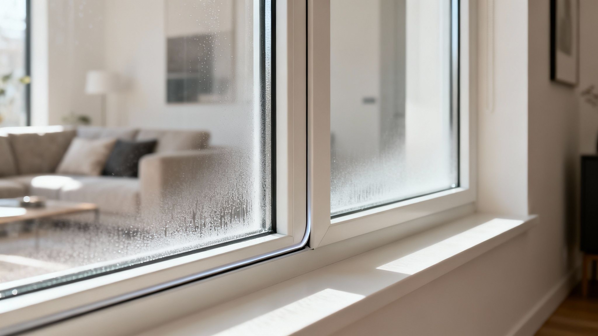 Close-up of a modern window with condensation on the glass, blurring a cozy living room interior.