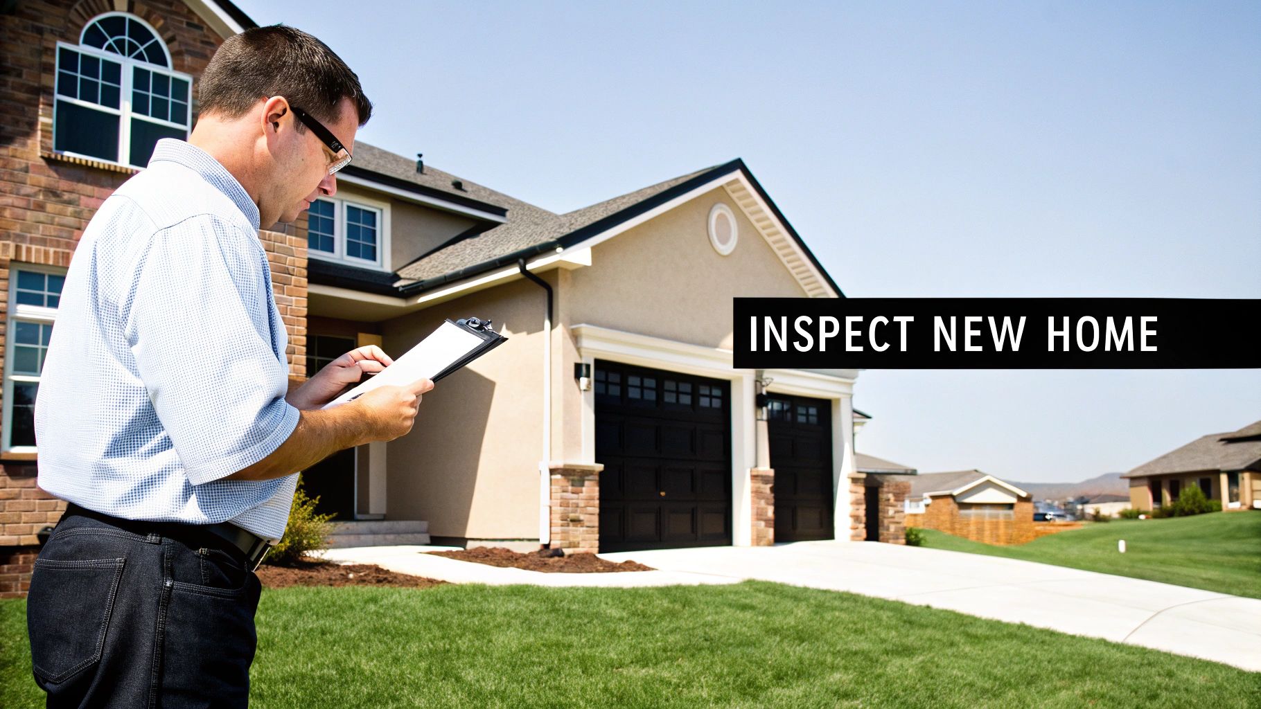 A man, likely a home inspector, with a clipboard reviewing a newly built house.