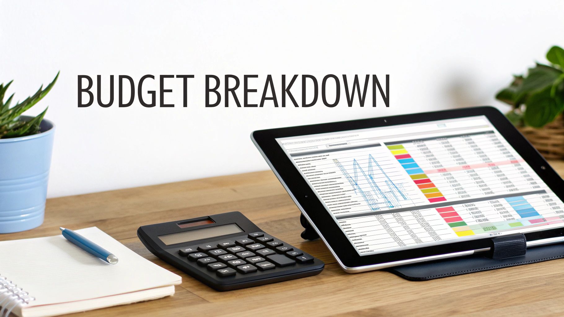 Budget breakdown spreadsheet displayed on tablet with calculator and notebook on wooden desk