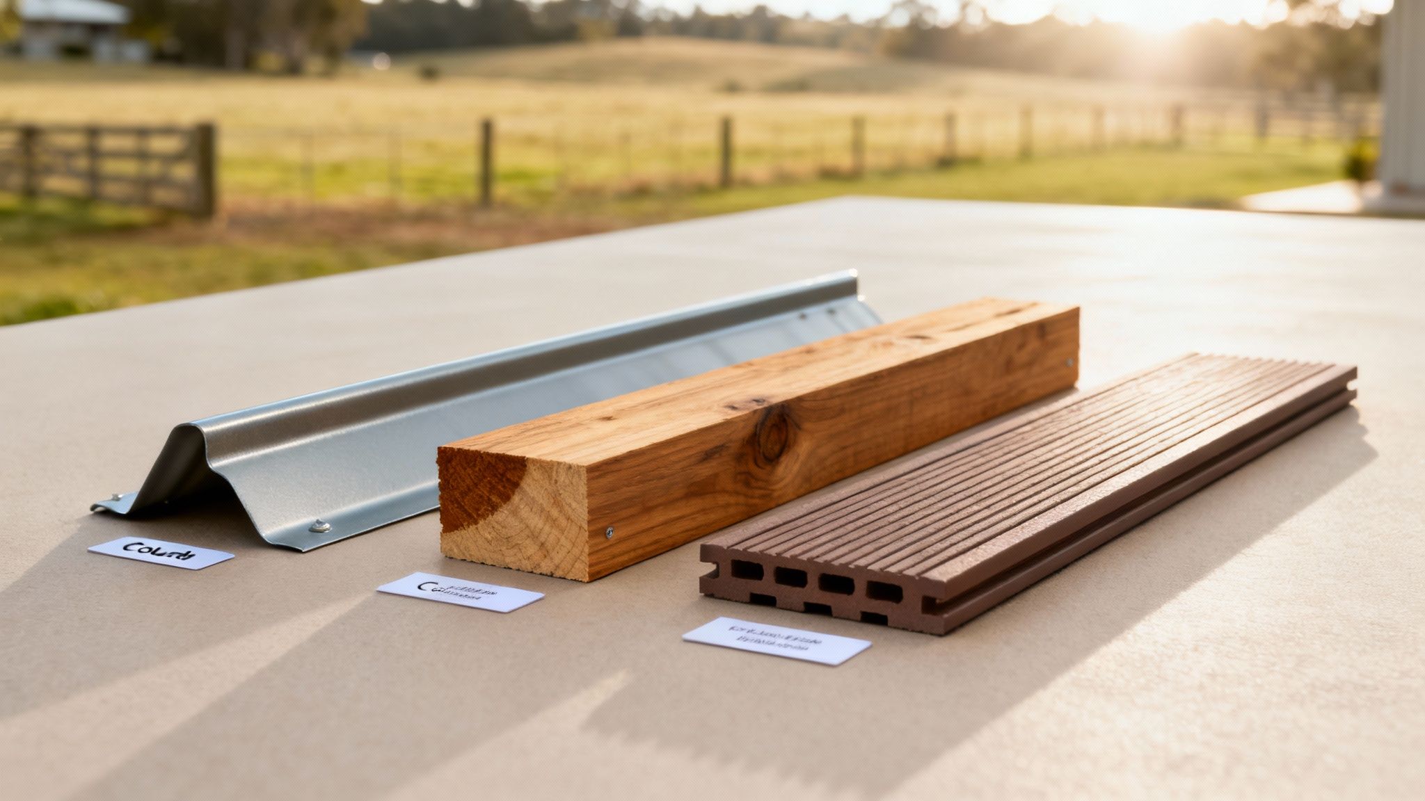 Three building materials displayed on outdoor table: metal roofing, timber beam, and composite decking board