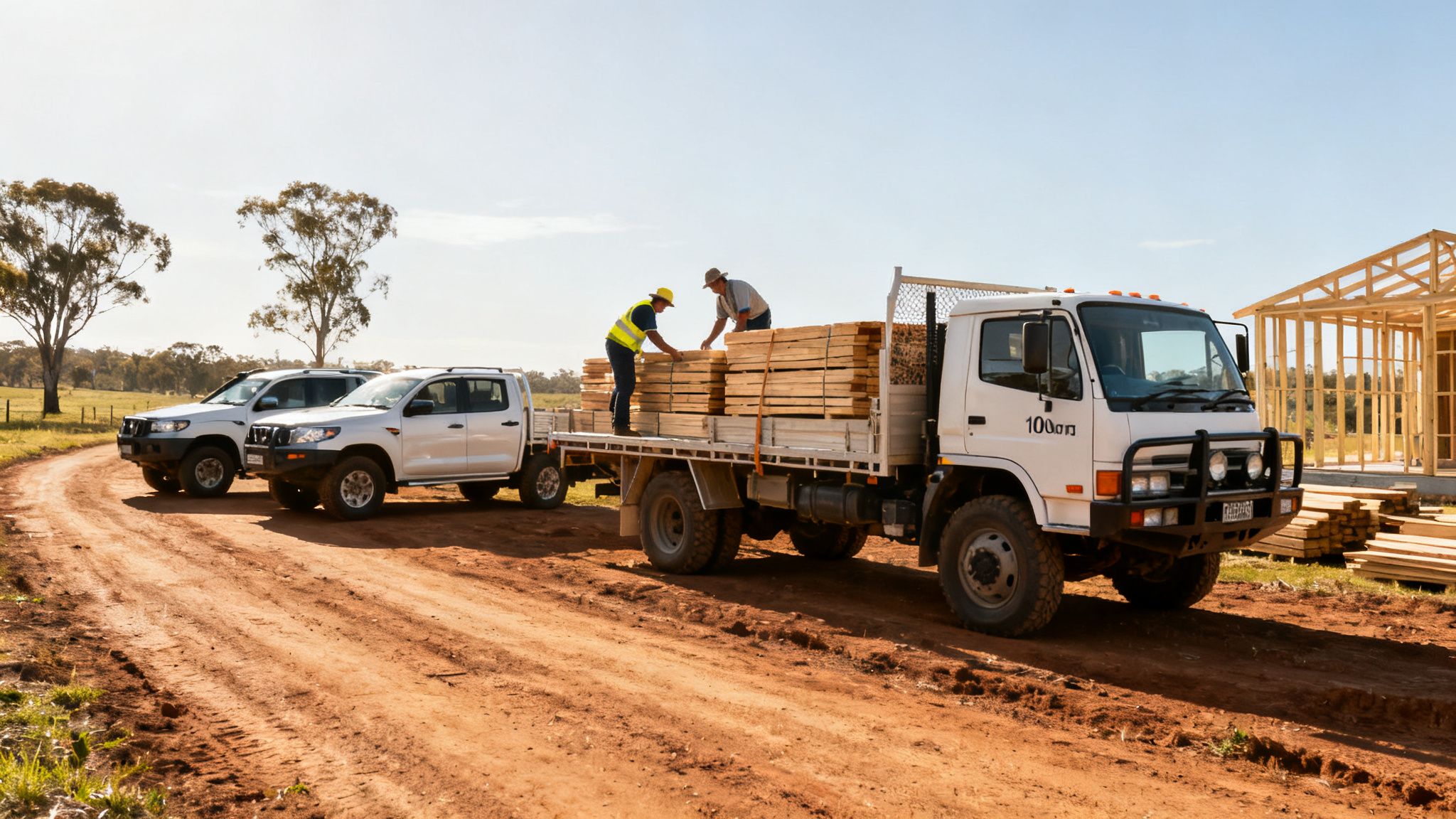 Construction workers unload wood planks from a flatbed truck at a rural building site.