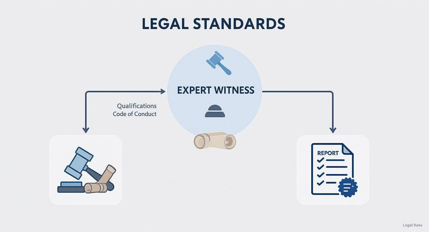 Diagram illustrating legal standards for an expert witness, covering qualifications, conduct, and reporting.