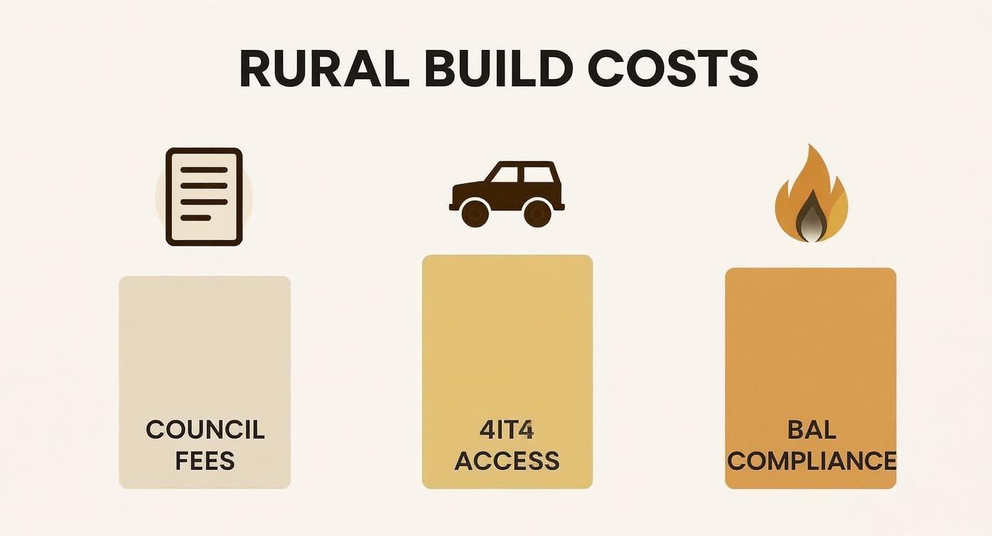 Infographic showing key cost factors for rural builds Council Fees, Site Access, and BAL Compliance