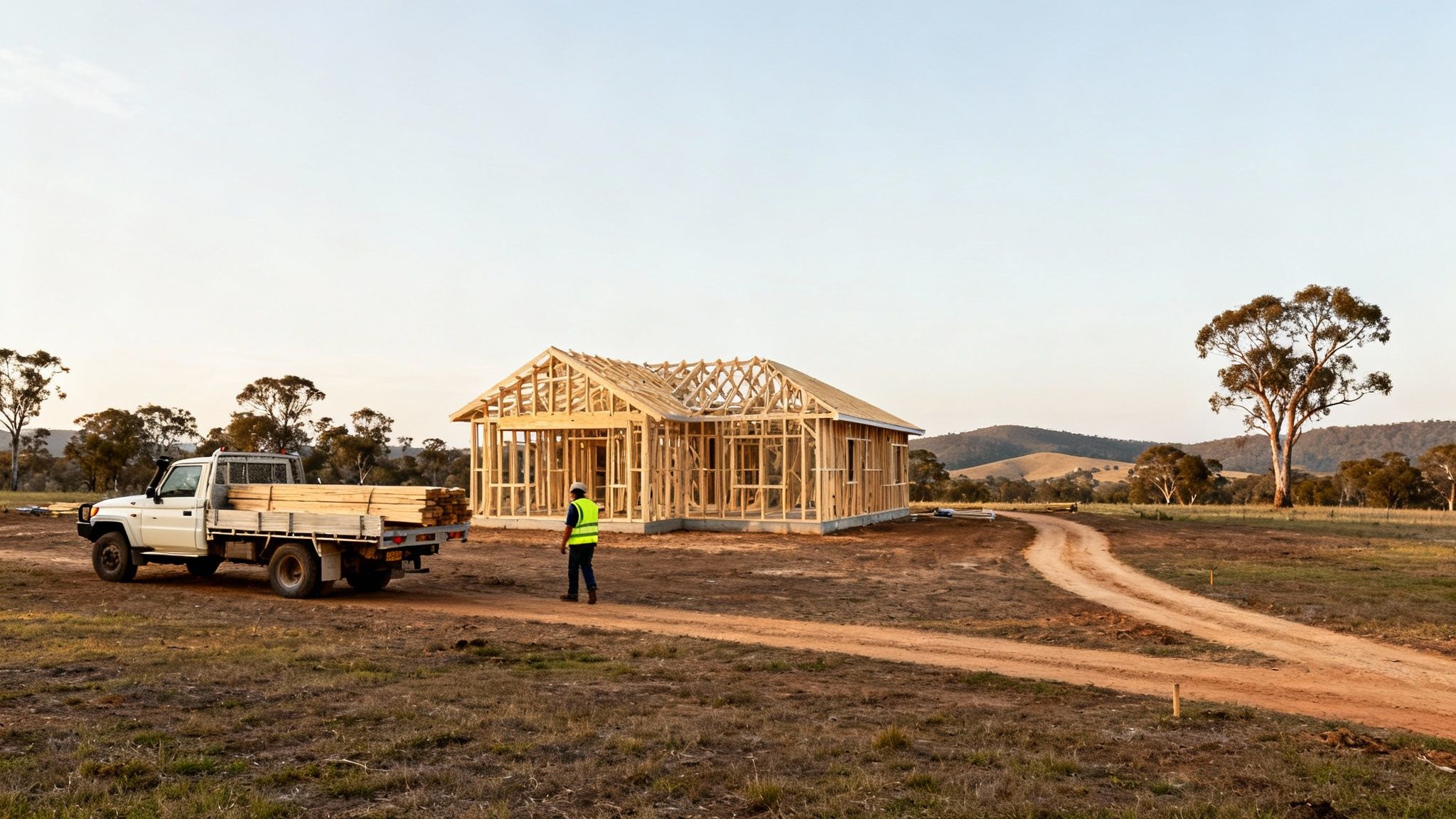 A house under construction in a rural NSW setting, showing the frame and trusses being installed