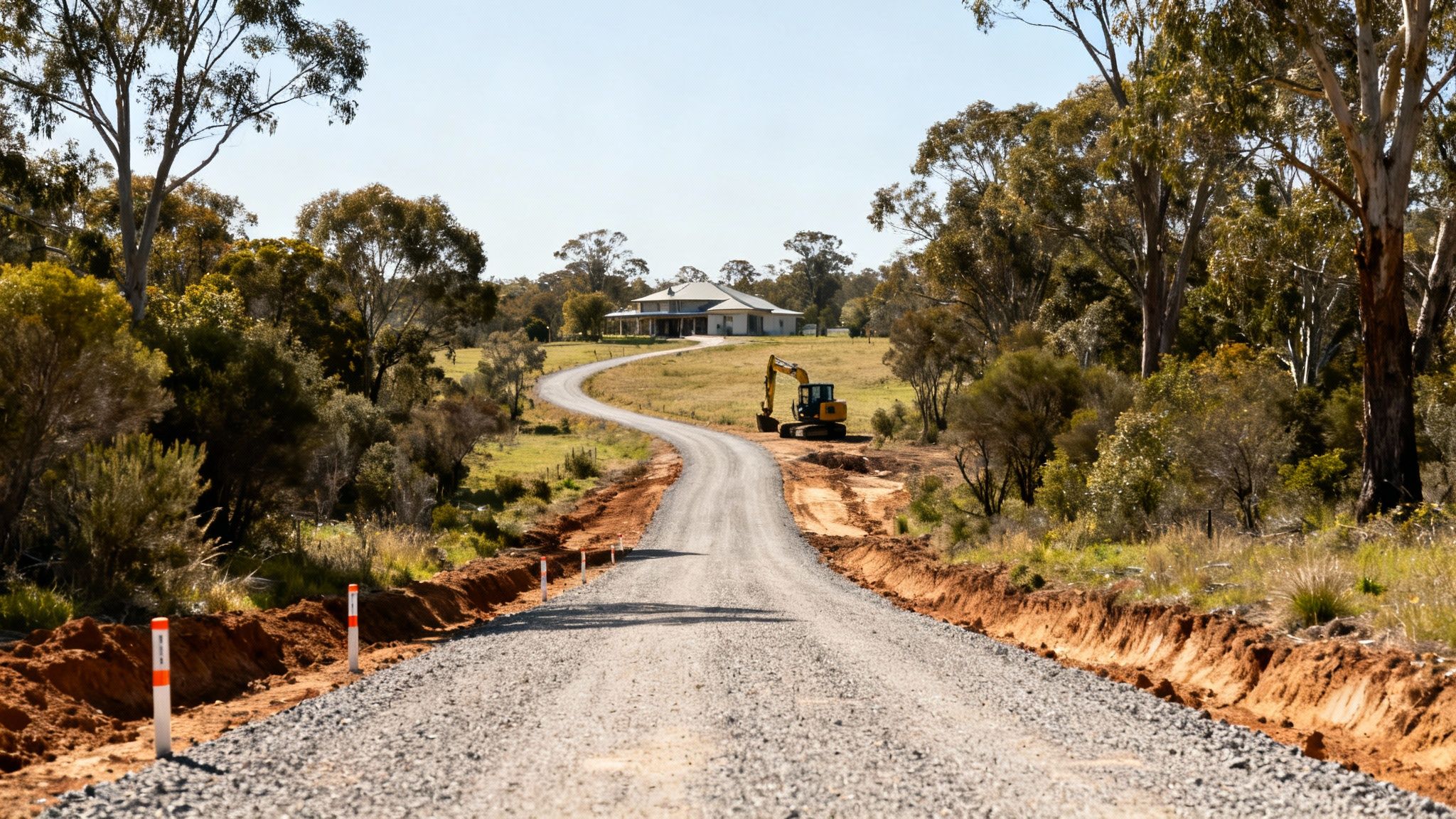 A large earthmover preparing a rural building site, with rolling hills in the background.