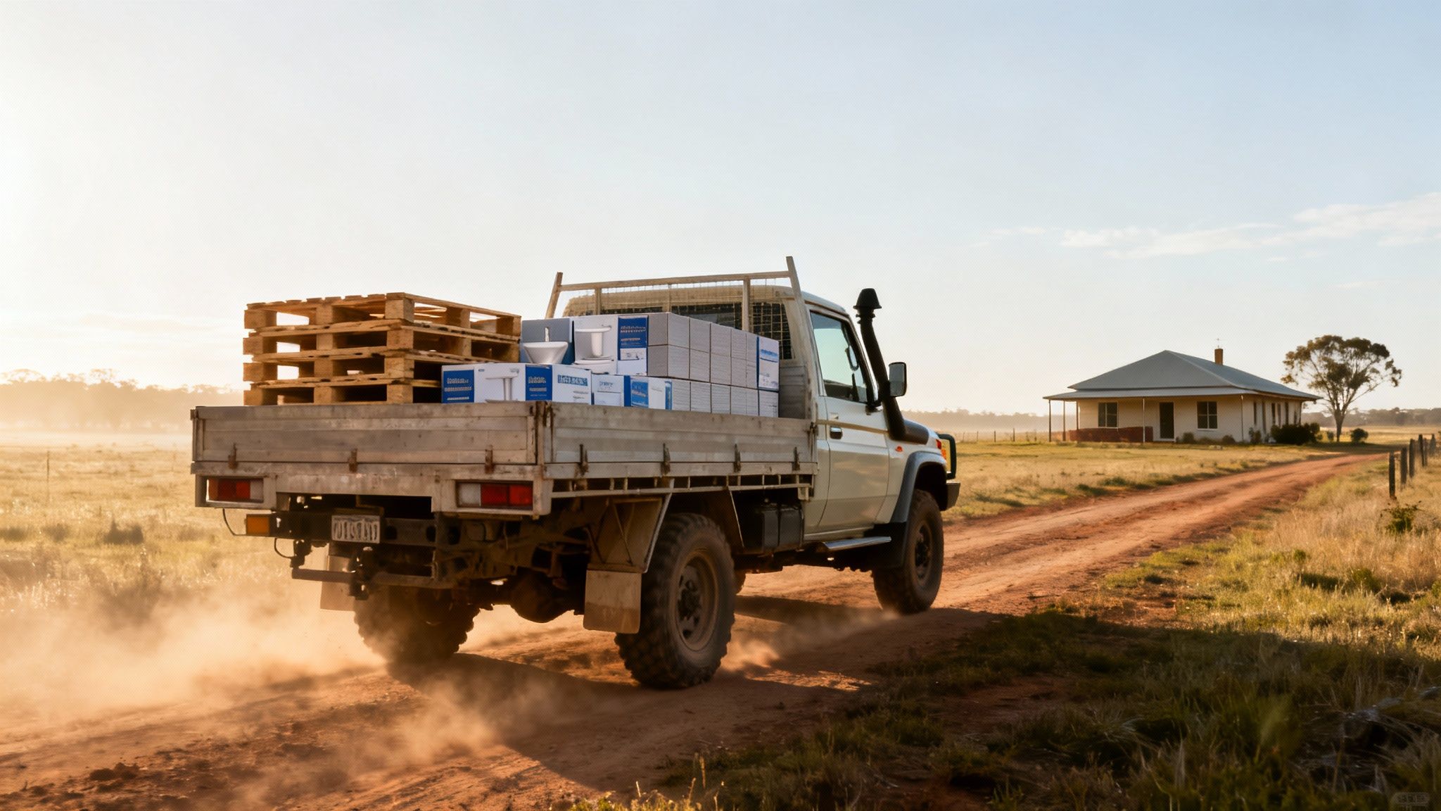 A white utility truck drives on a dusty rural road, carrying pallets and bathroom renovation supplies.