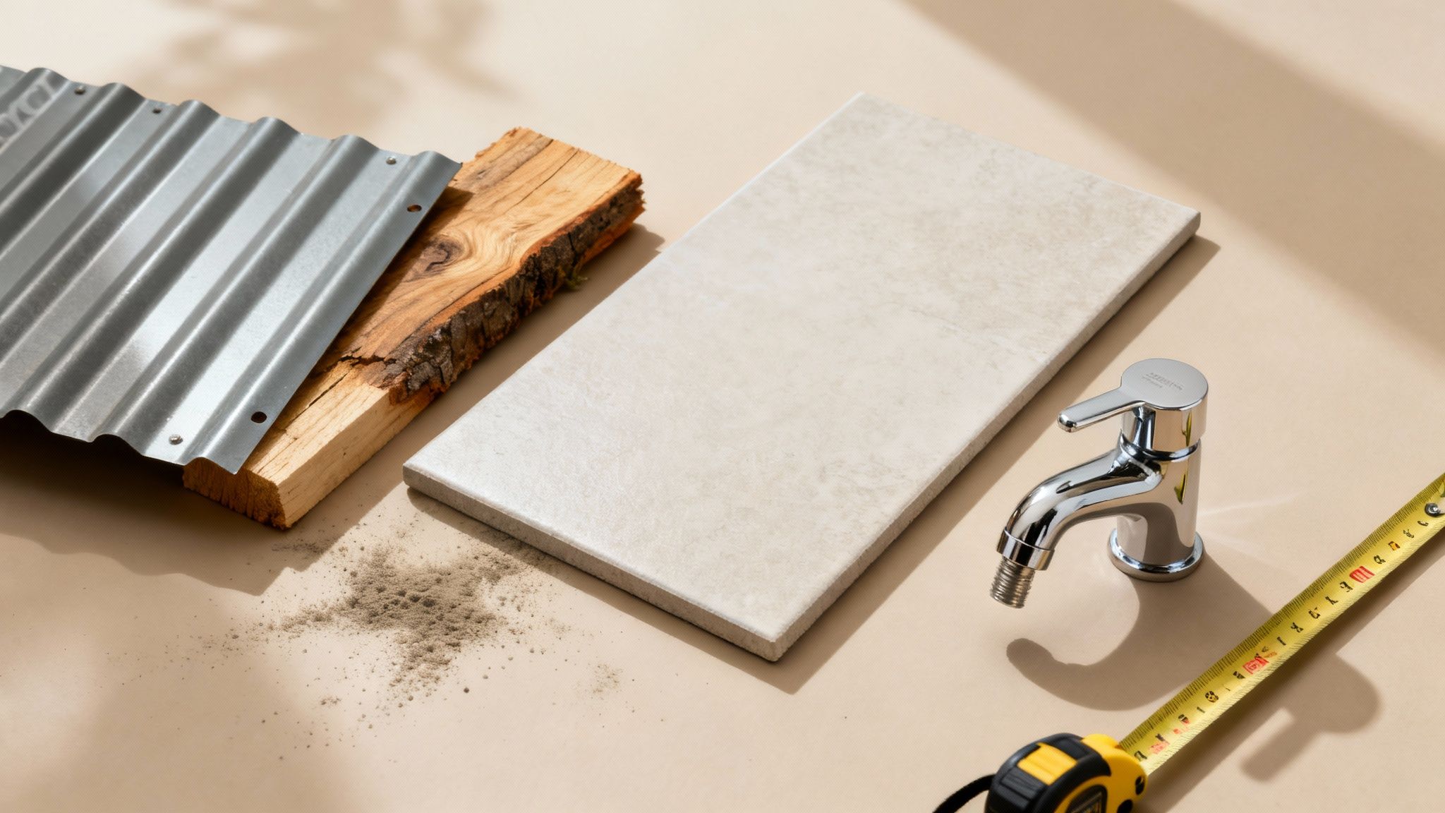 Construction materials including corrugated metal, wood, tile, a chrome faucet, and a measuring tape.