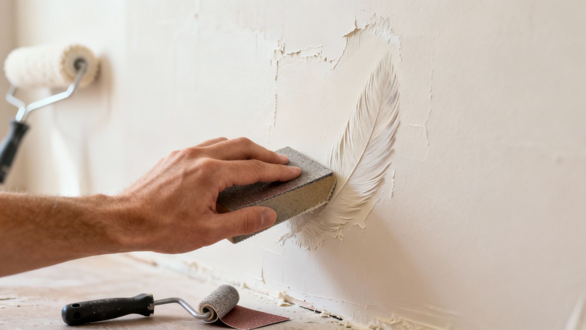 A person's hand sands a textured plasterboard wall with a sanding block during renovation.