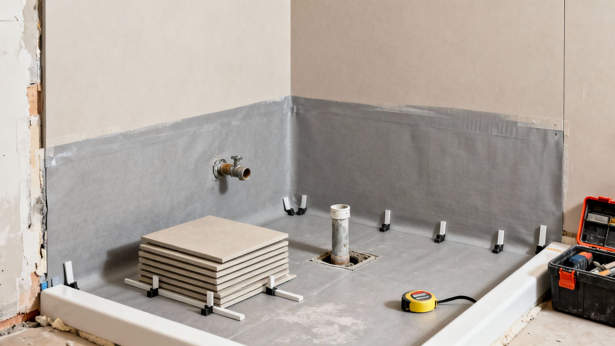 Bathroom shower area under renovation with waterproof membrane, stacked tiles, and plumbing pipes.