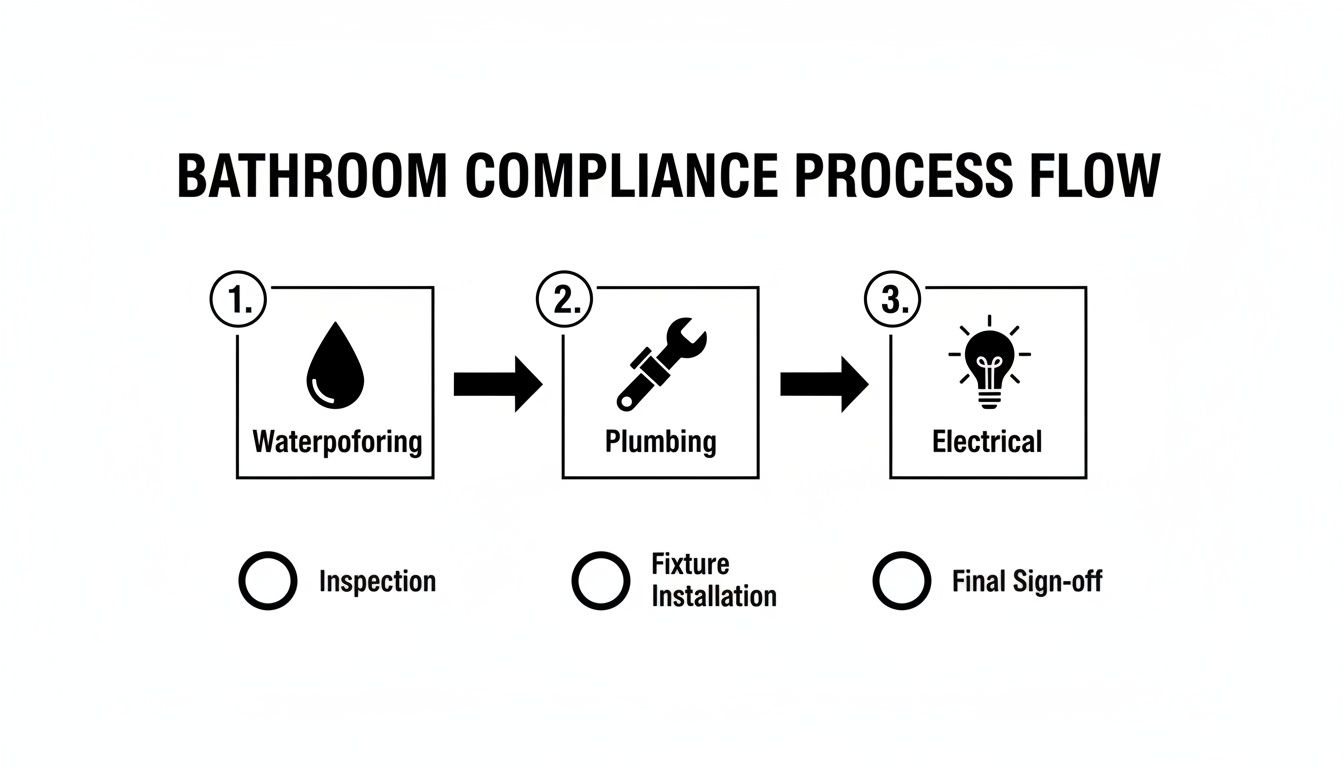 A process flow diagram showing bathroom compliance steps: waterproofing (inspection), plumbing (fixture installation), and electrical (final sign-off).