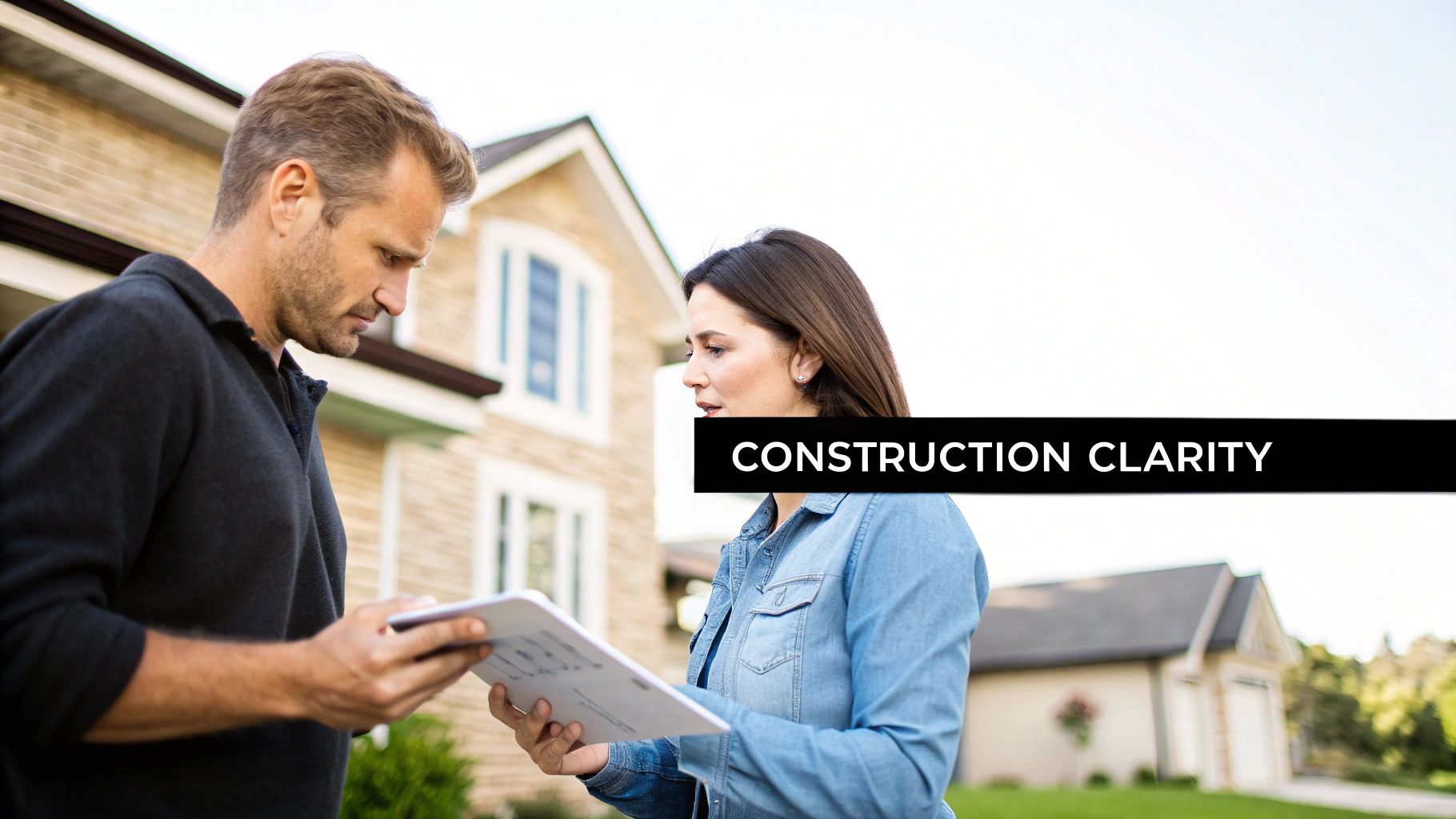 A man and a woman review construction plans together outside a house, discussing details.