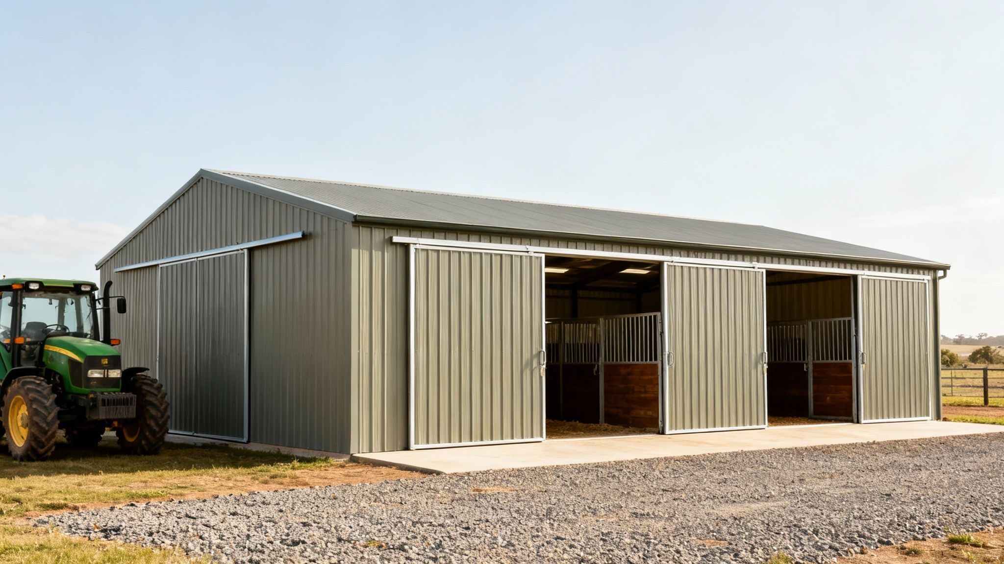 A green tractor parked beside a large metal horse stable with open doors revealing stalls.
