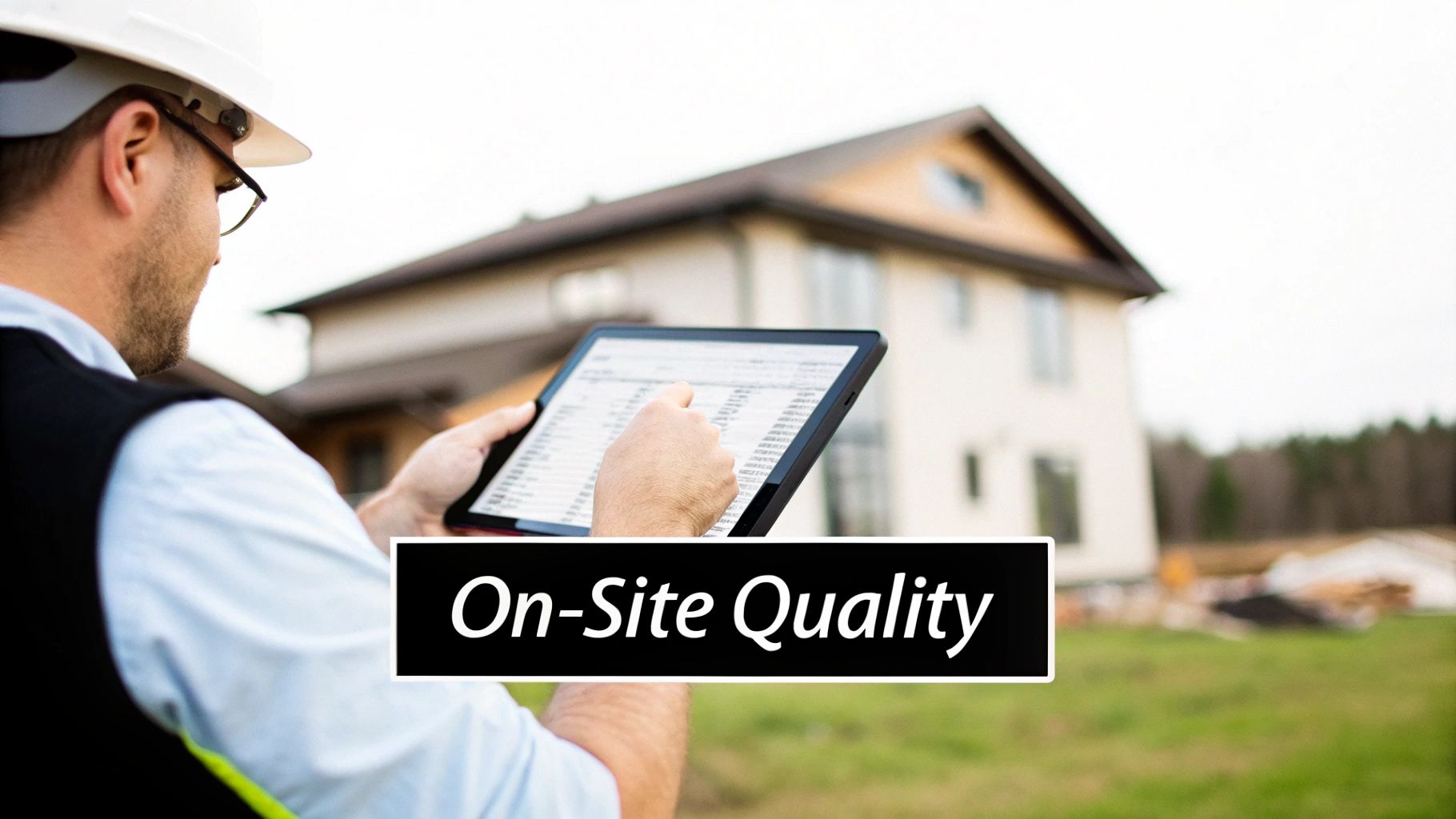 Construction inspector with hard hat reviewing building plans on tablet at residential site