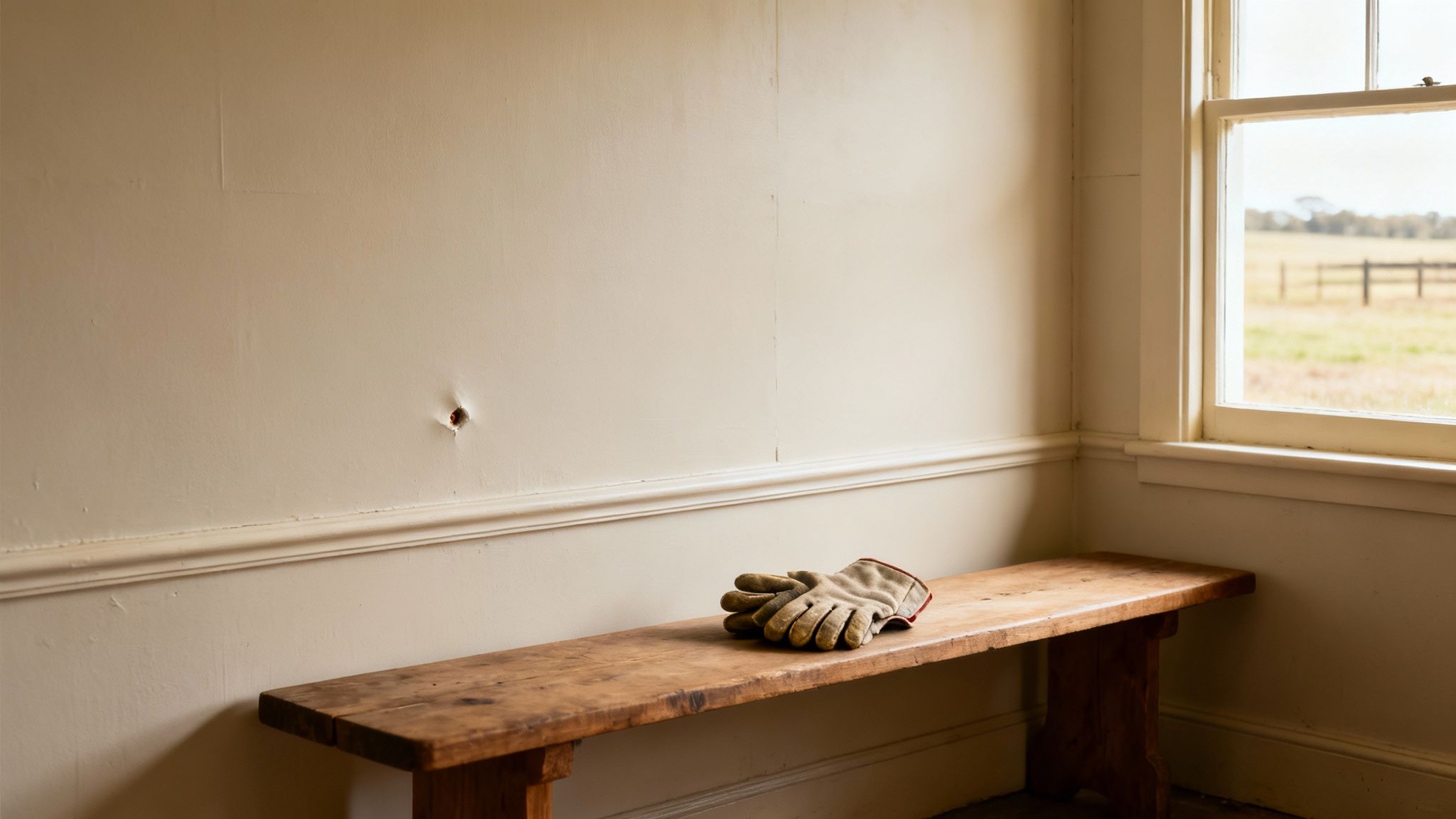 A pair of worn work gloves rests on a rustic wooden bench by a window overlooking a field.