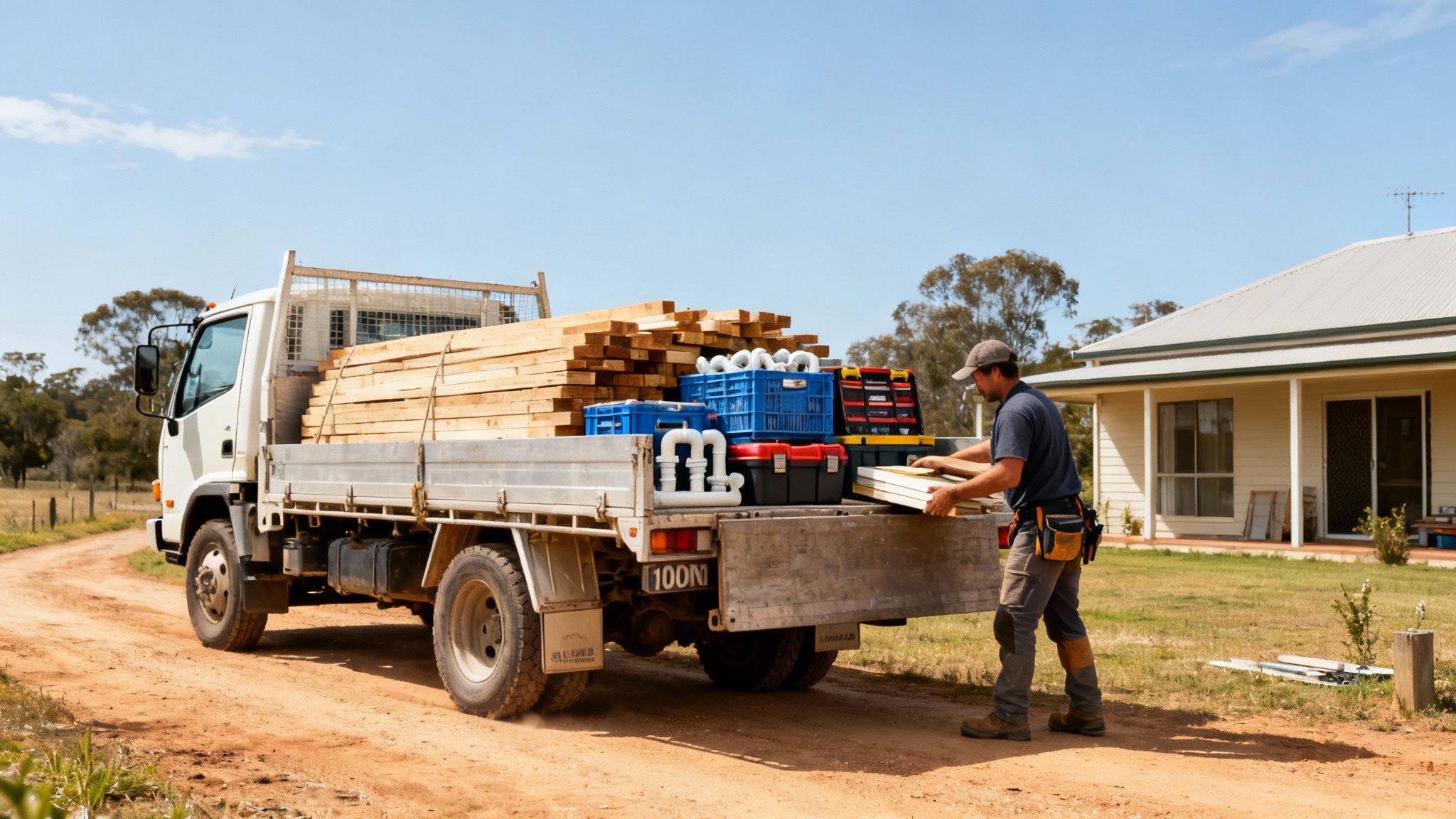 A builder unloads lumber and tools from a flatbed truck near a house.