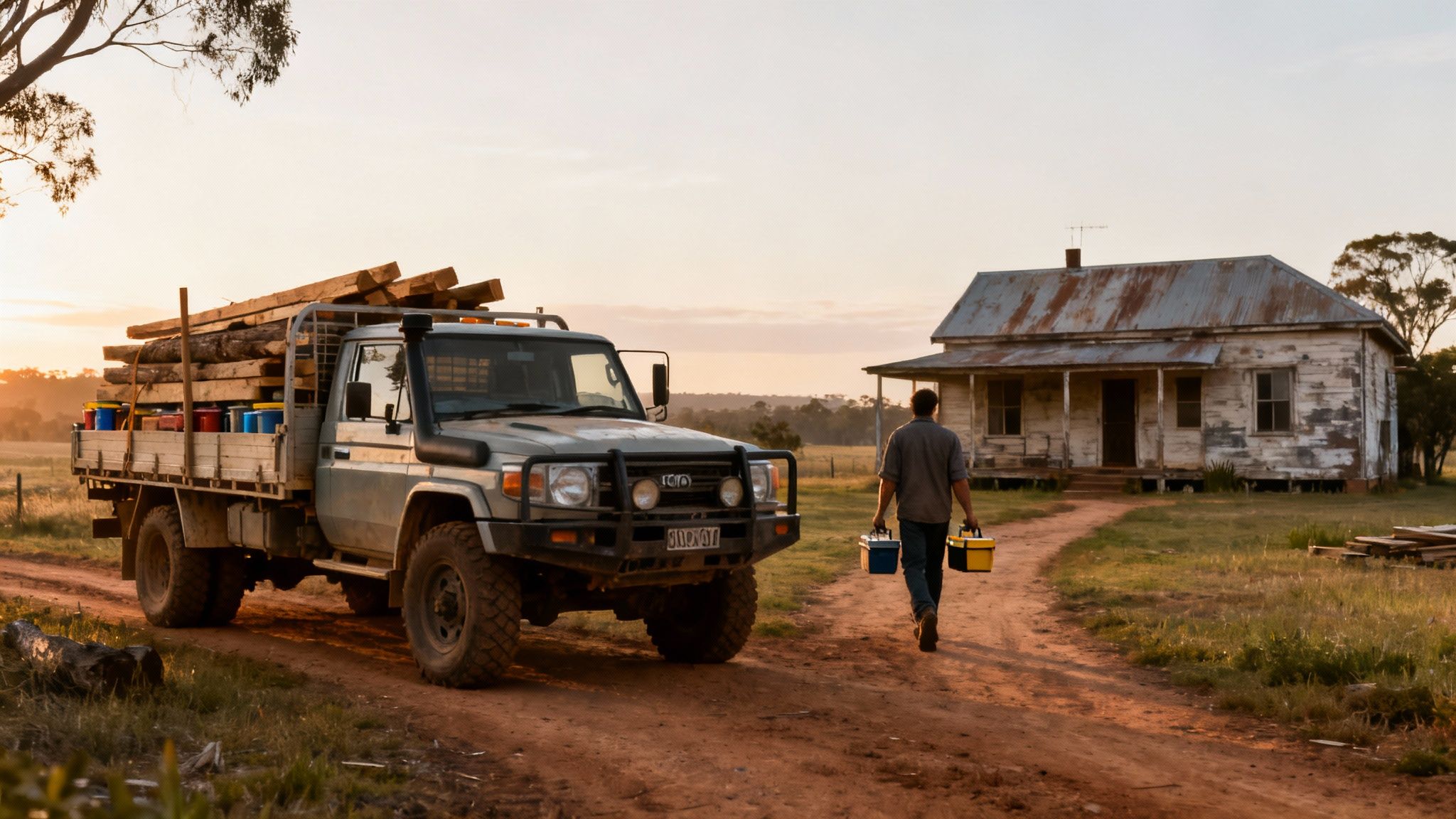 A handyman walks with blue and yellow toolboxes towards an old house, a loaded truck nearby, at sunset.