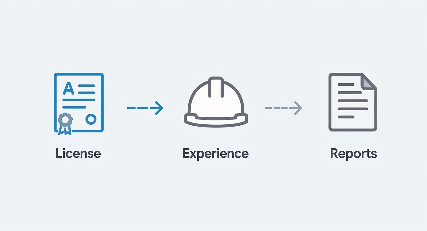 Visualizing the journey from license acquisition to gaining experience and generating professional reports.