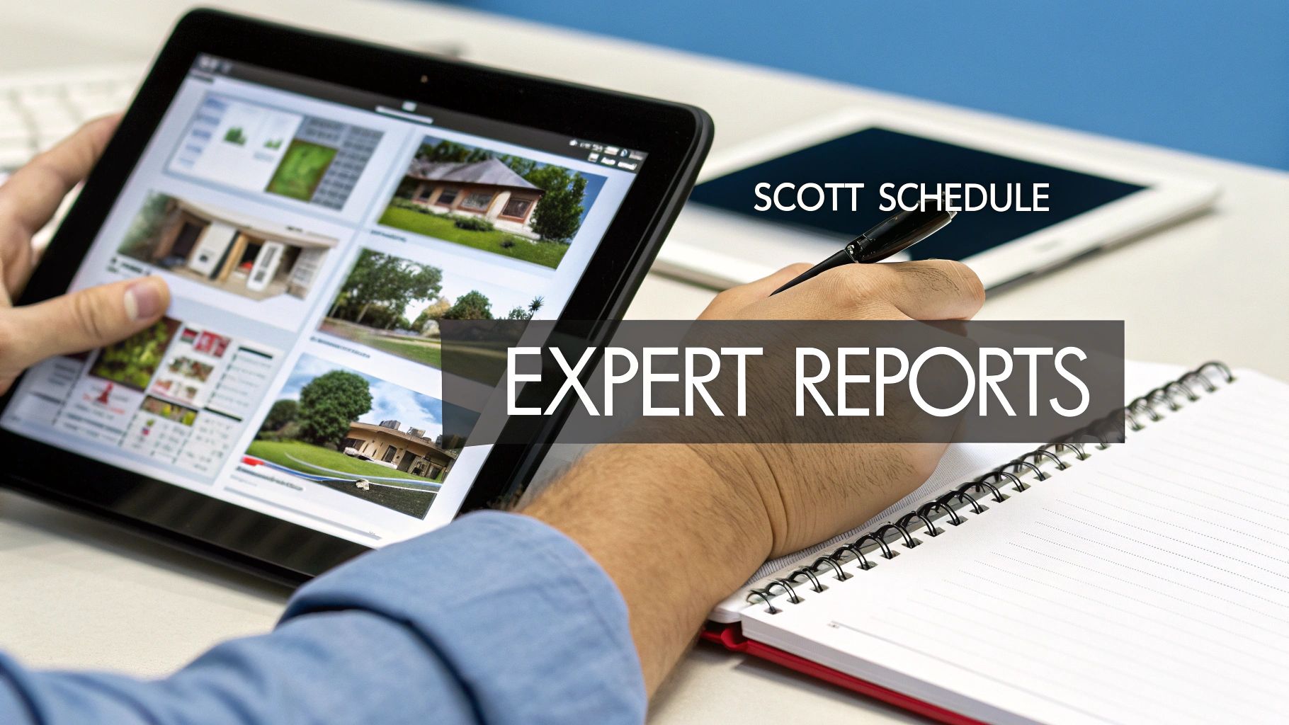 A building consultant on site, pointing to a detail on an exterior wall while speaking with a homeowner.