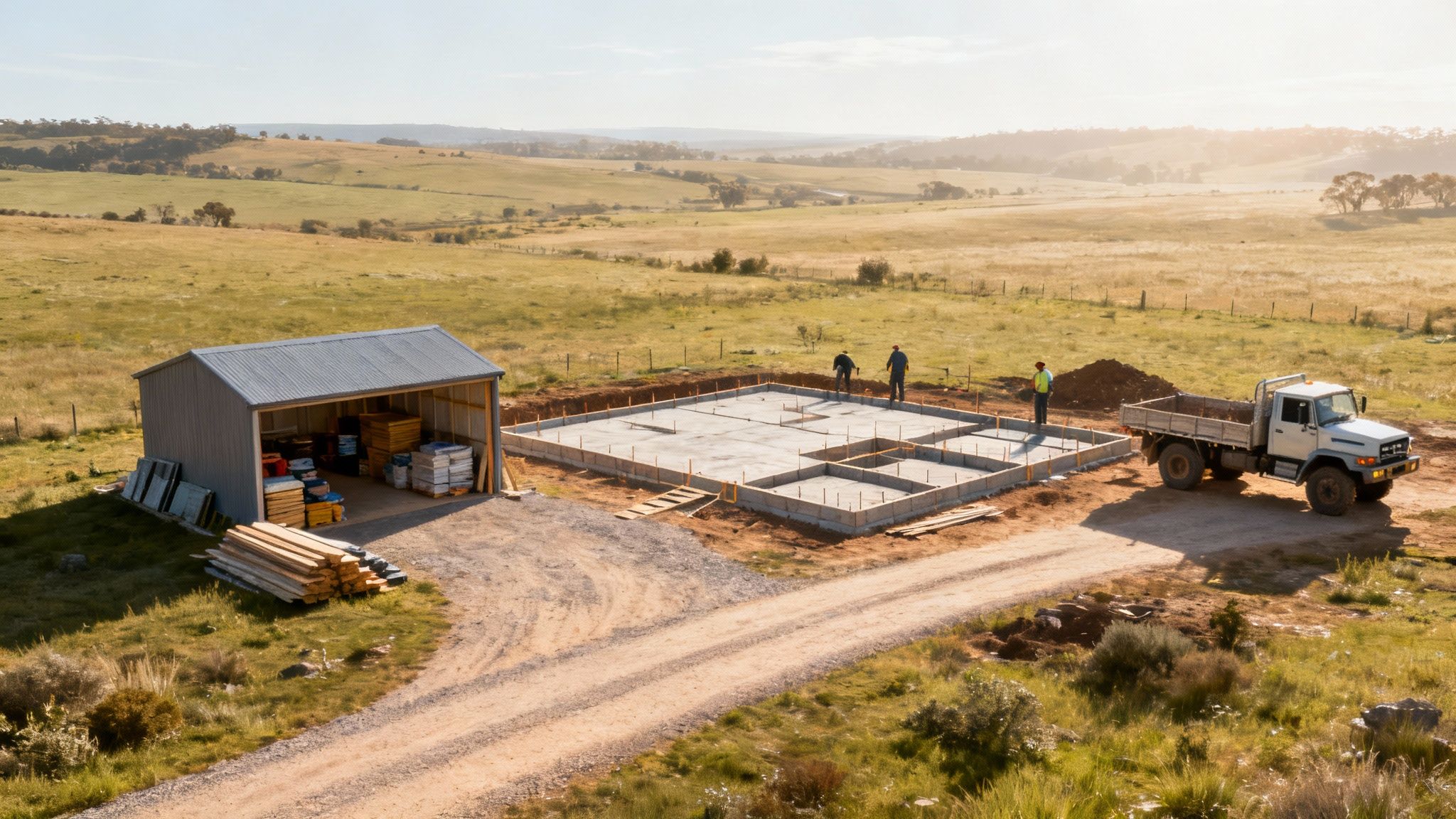 A detailed architectural plan for a rural homestead being reviewed on a wooden table.