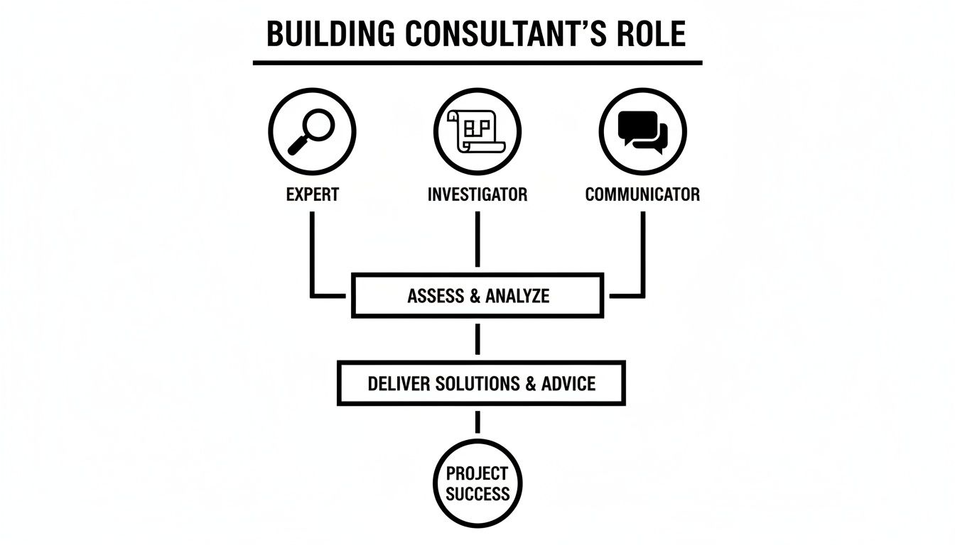 Flowchart illustrating the building consultant's role: expert, investigator, communicator, leading to assessment, solutions, and project success.