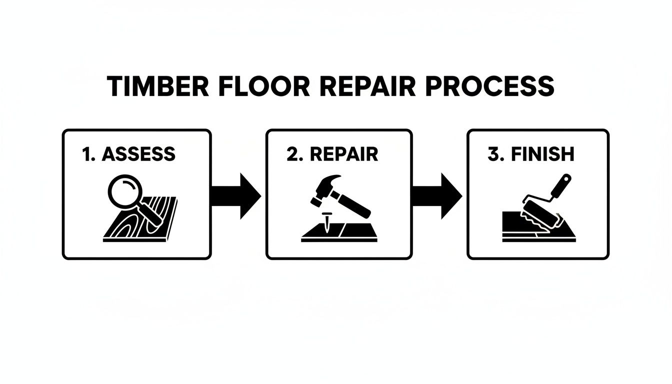A visual guide illustrating the timber floor repair process in three steps: assess, repair, and finish.