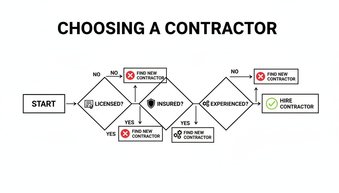 Flowchart illustrating the steps to choose a contractor, checking if they are licensed, insured, and experienced.