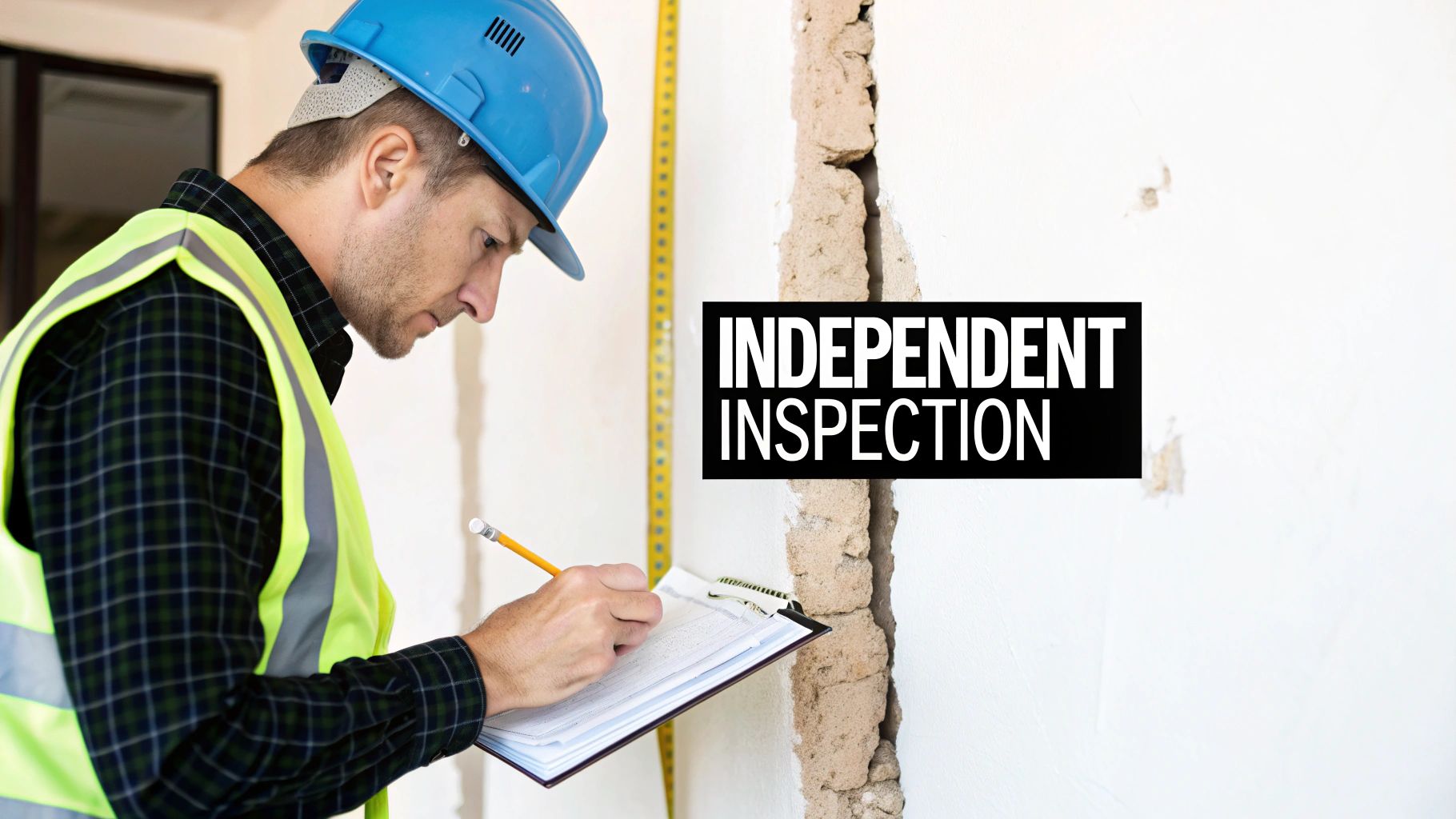 A construction worker in a hard hat and safety vest writing on a clipboard next to a wall with text 'Independent Inspection'.